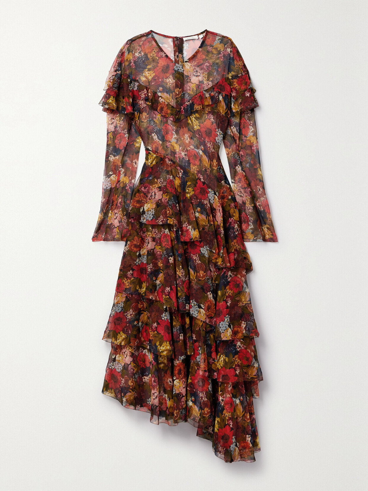 Doen Alouette Asymmetric Ruffled Floral-print Silk-georgette Midi Dress In Multi