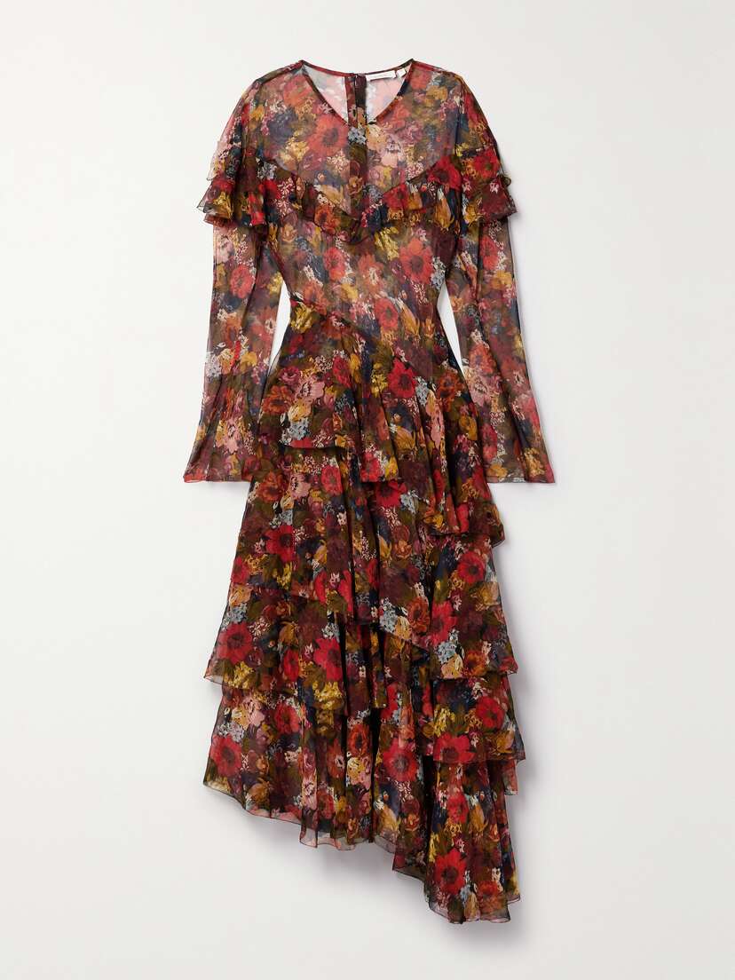 DÔEN Alouette Asymmetric Ruffled Floral-print Silk-georgette Midi Dress