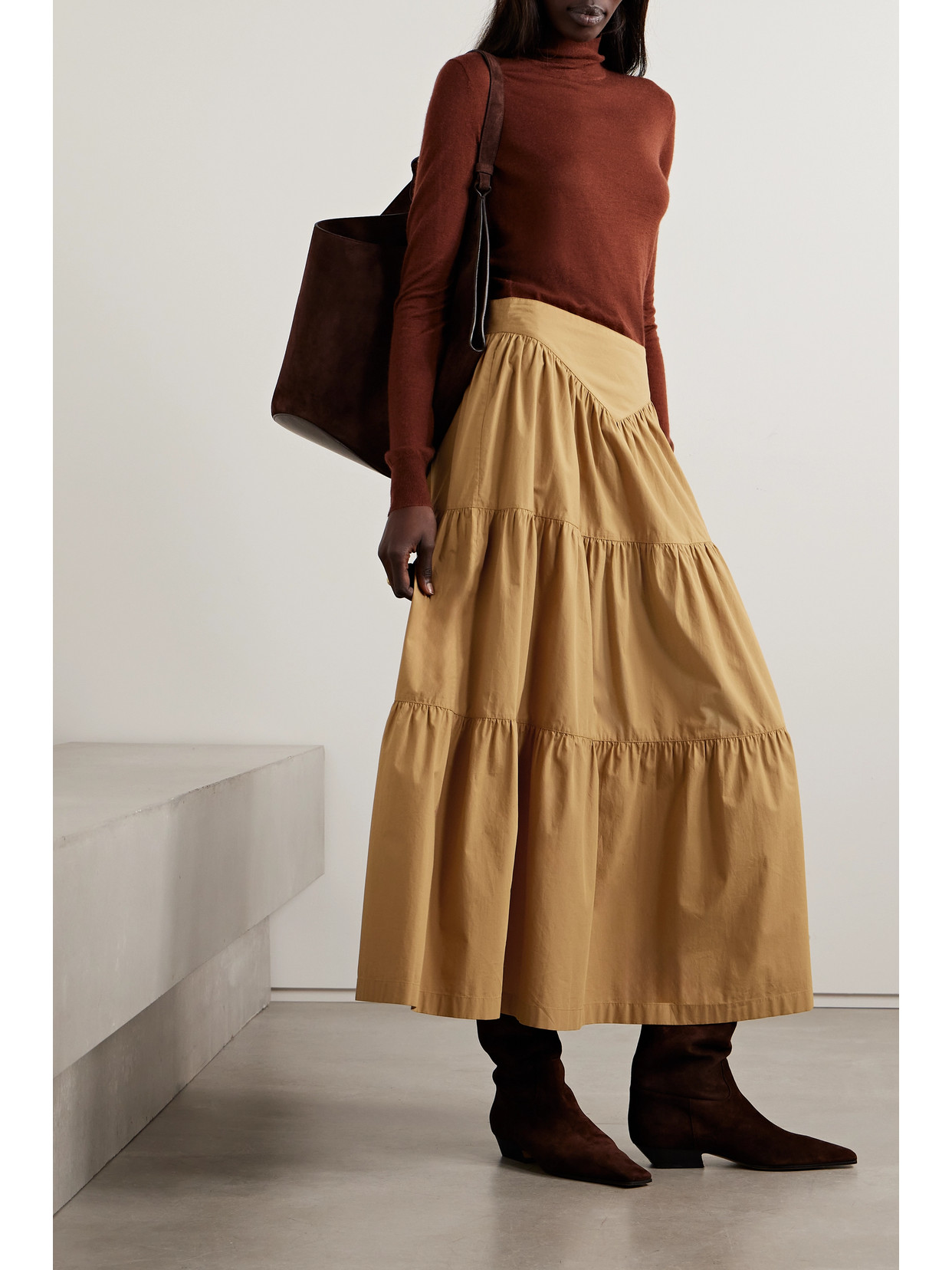 Shop Doen + Net Sustain Sanremo Tiered Organic Cotton-poplin Midi Skirt In Neutrals