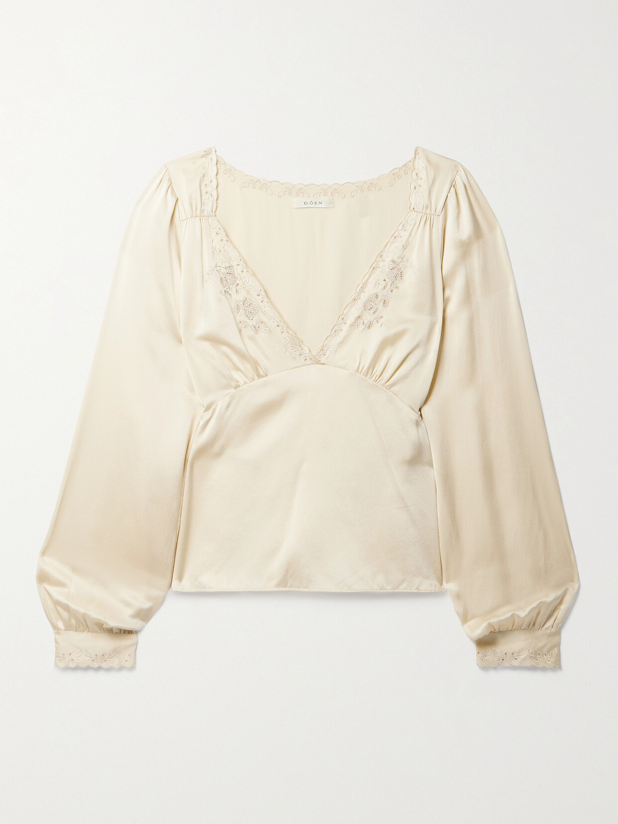 Doen Freyda Broderie Anglaise-trimmed Silk-satin Blouse In Cream