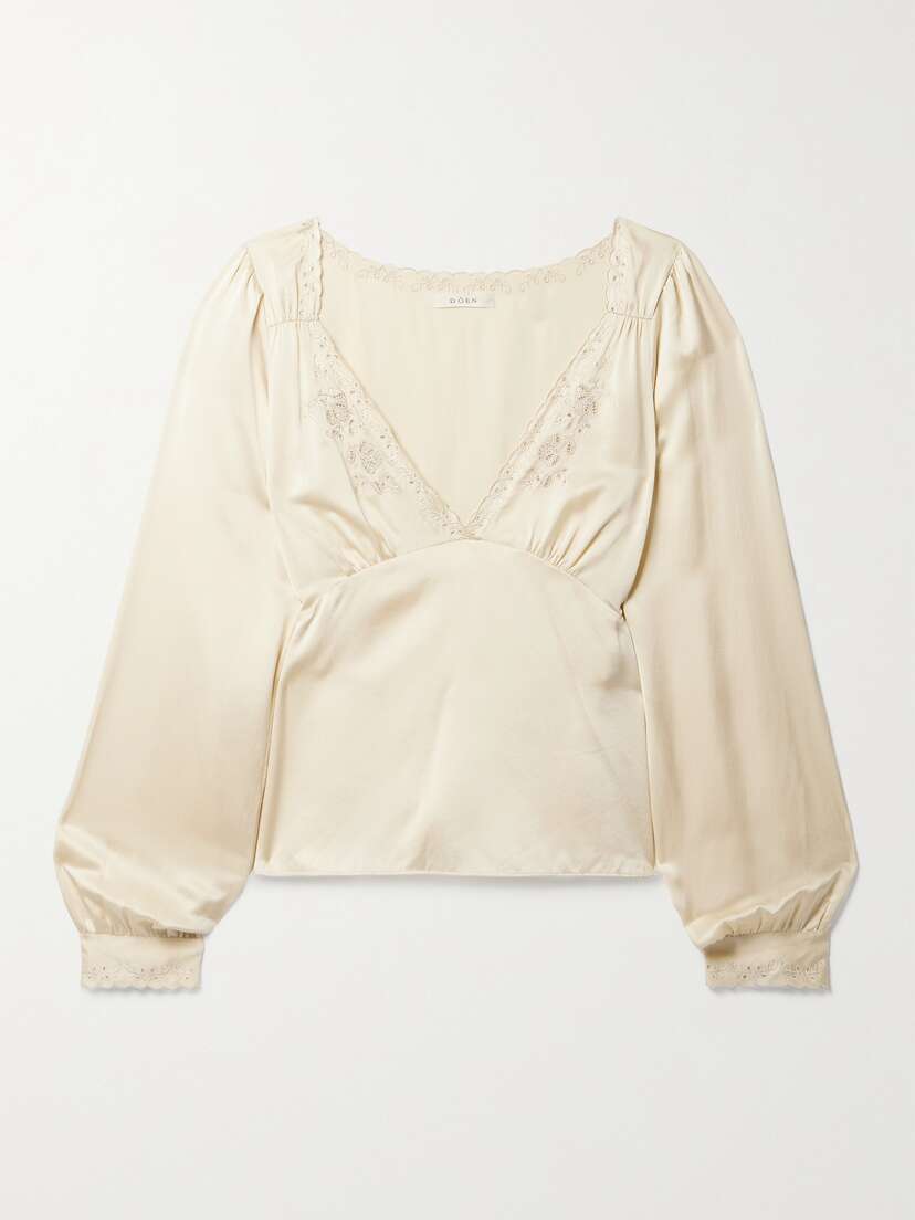 DÔEN Freyda Broderie Anglaise-trimmed Silk-satin Blouse - x large