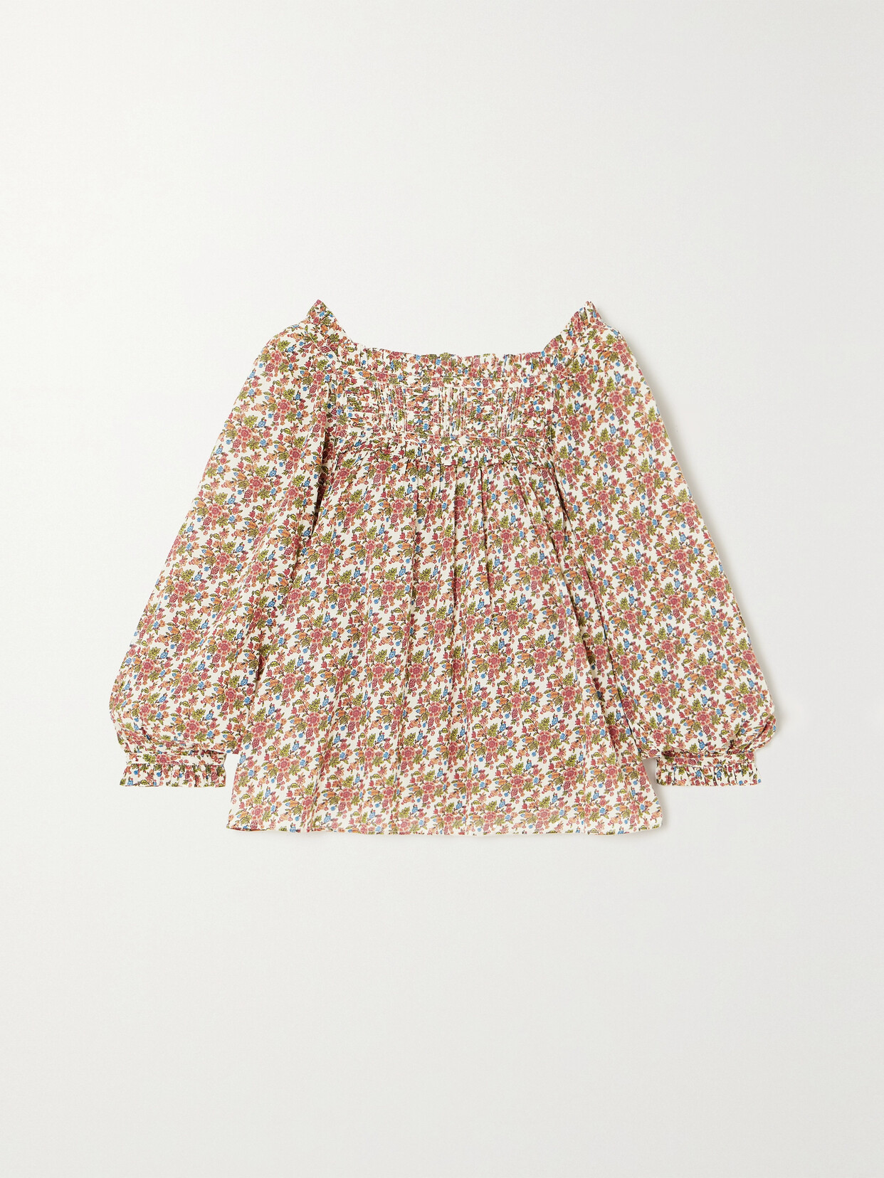 Shop Doen + Net Sustain Agotha Pintucked Floral-print Organic Cotton-voile Blouse In Cream