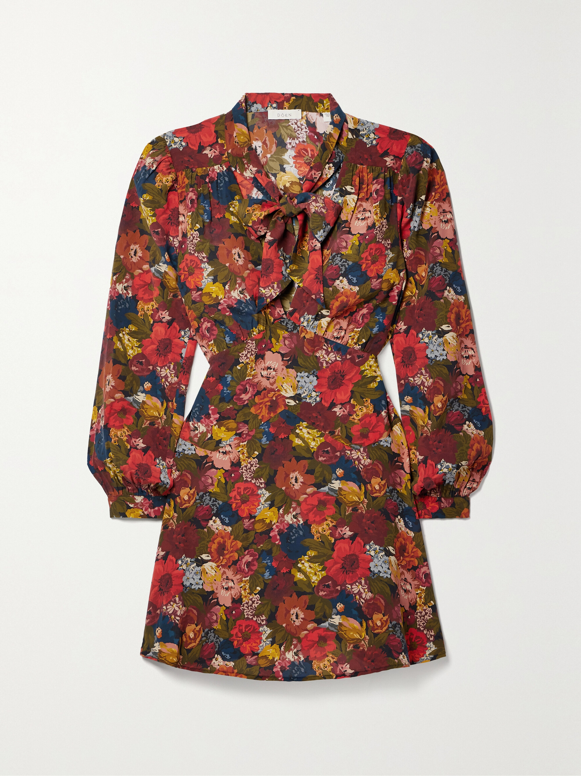 Dôen Kira belted pussybow floral-print silk-georgette mini dress