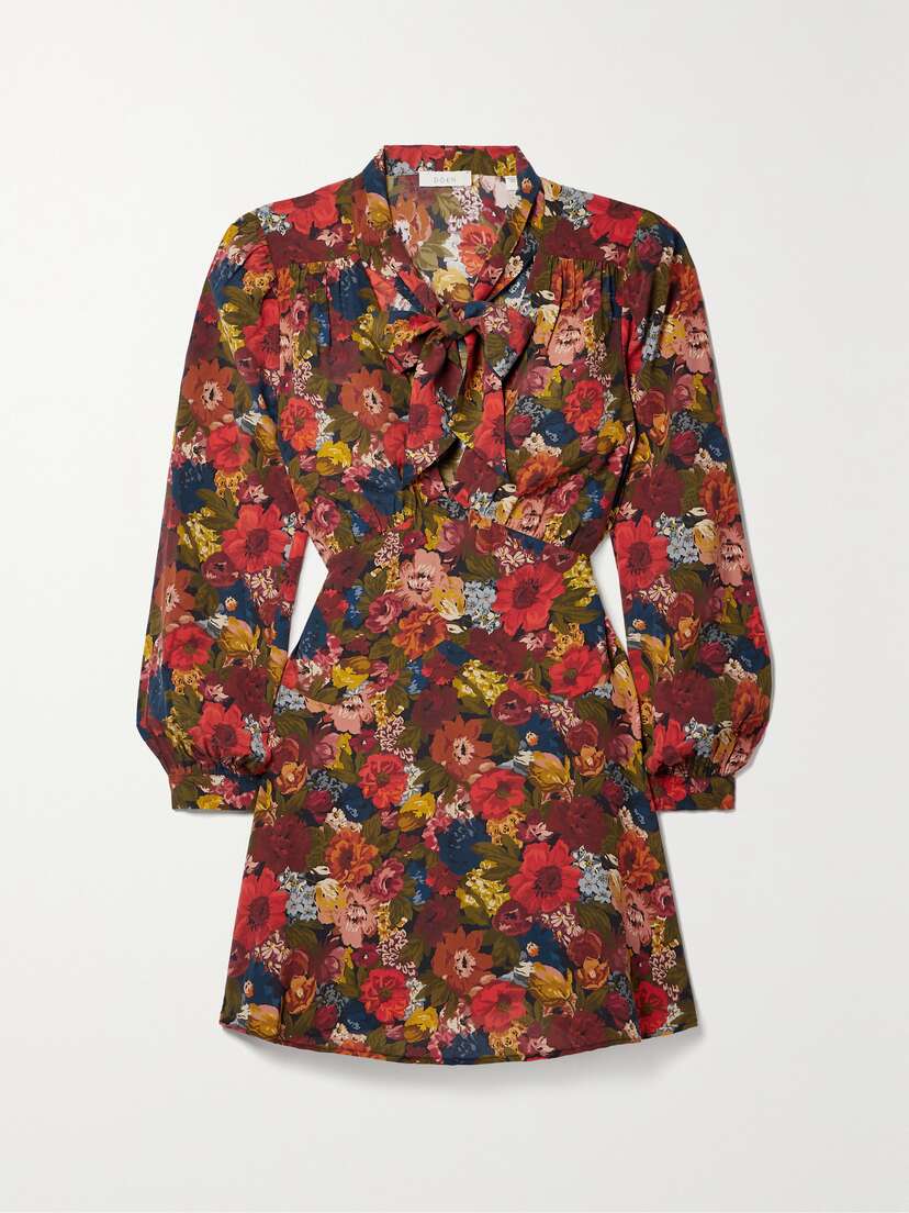 DÔEN Kira Belted Pussybow Floral-print Silk-georgette Mini Dress