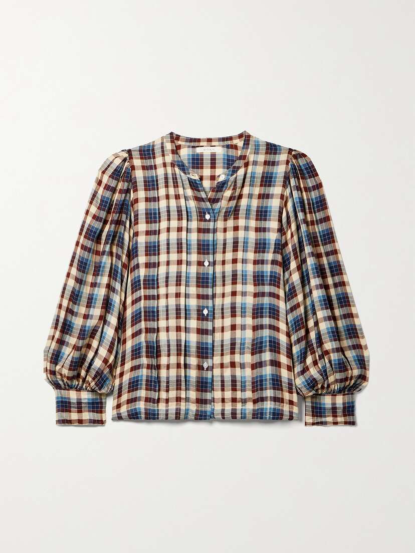 DÔEN Harlow Pintucked Checked Woven Blouse - x large