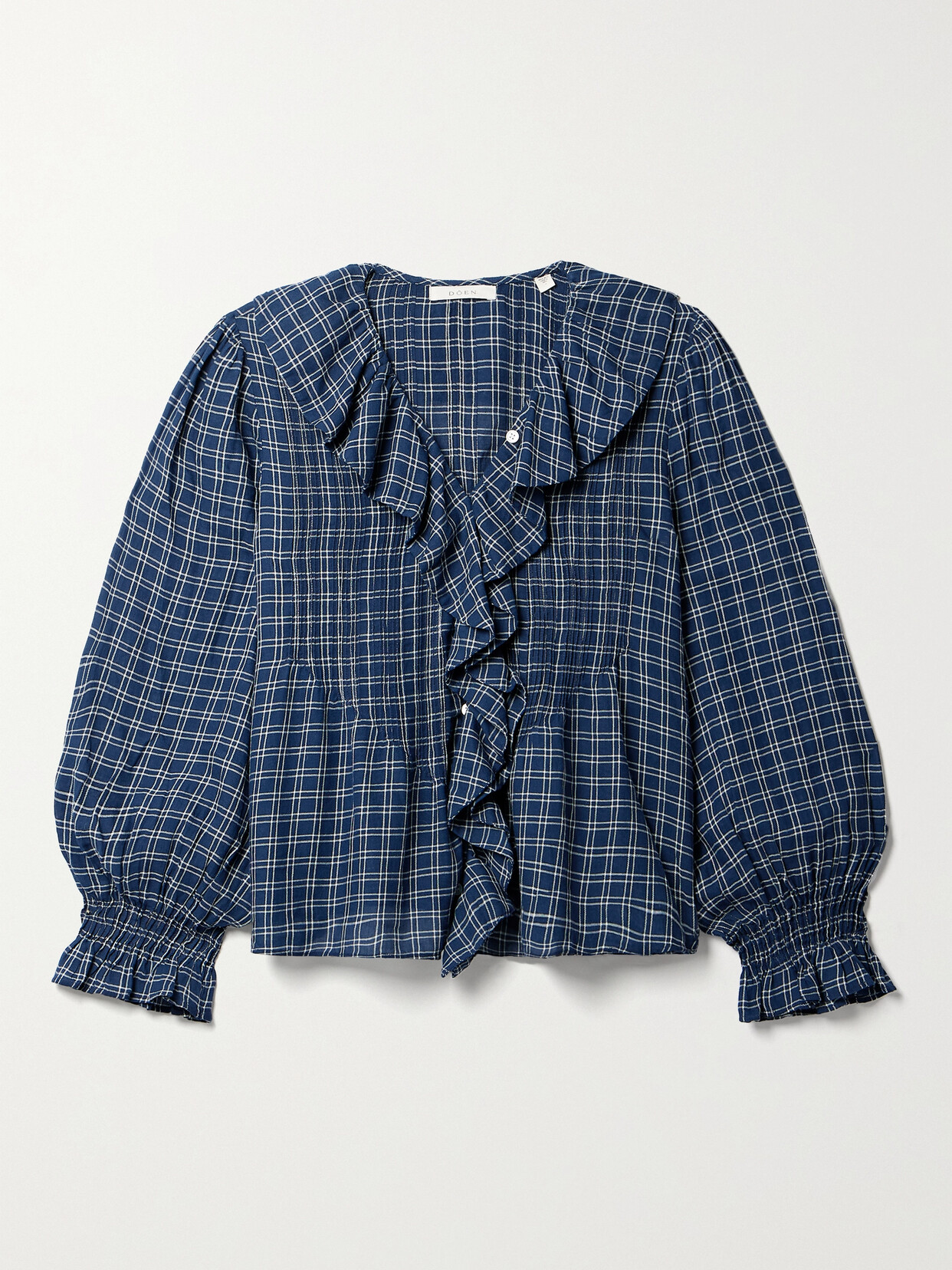 Doen Hardy Ruffled Pintucked Checked Organic Cotton-voile Blouse In Blue