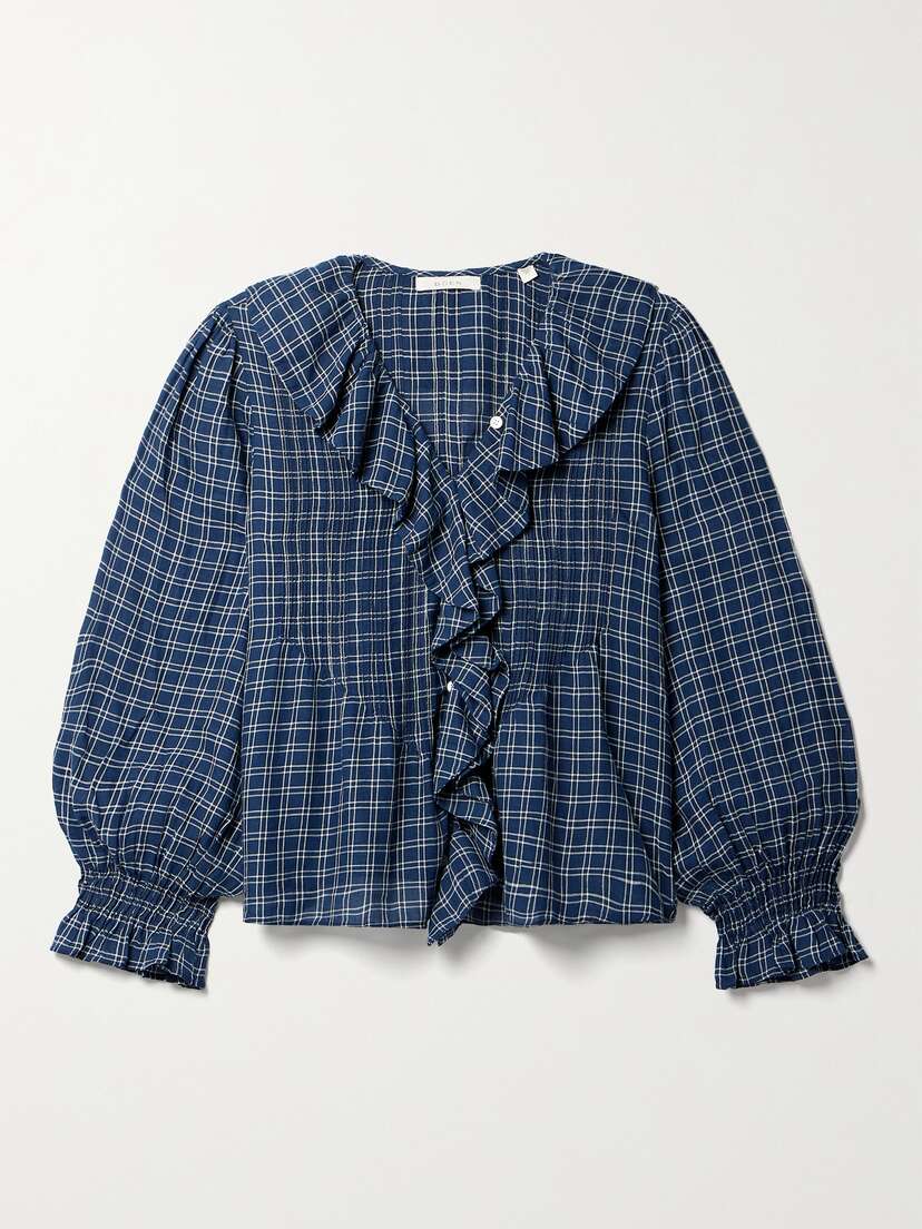 DÔEN + Net Sustain Hardy Ruffled Pintucked Checked Organic Cotton-voile Blouse - xx large