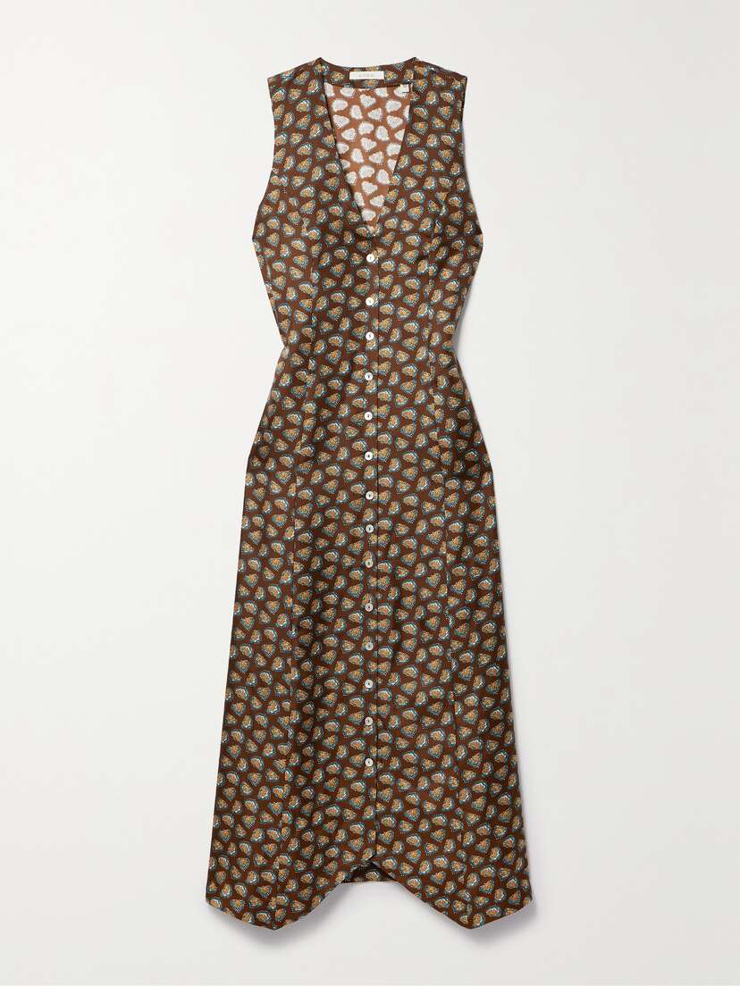 DÔEN Allene Belted Printed Silk-twill Midi Dress