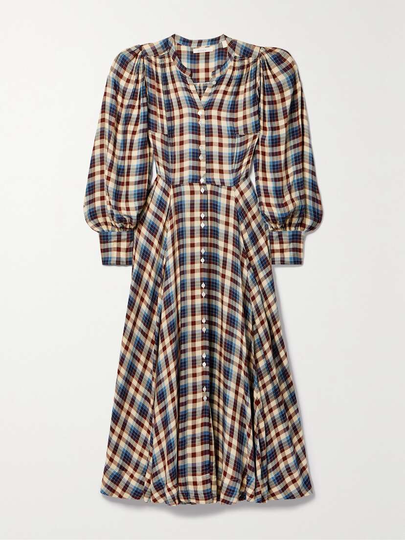 DÔEN Harlow Checked Woven Midi Shirt Dress - x large