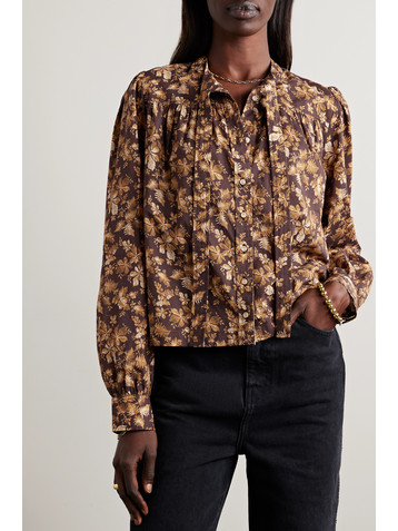 Dôen + NET SUSTAIN Norma pussy-bow floral-print cotton-poplin blouse
