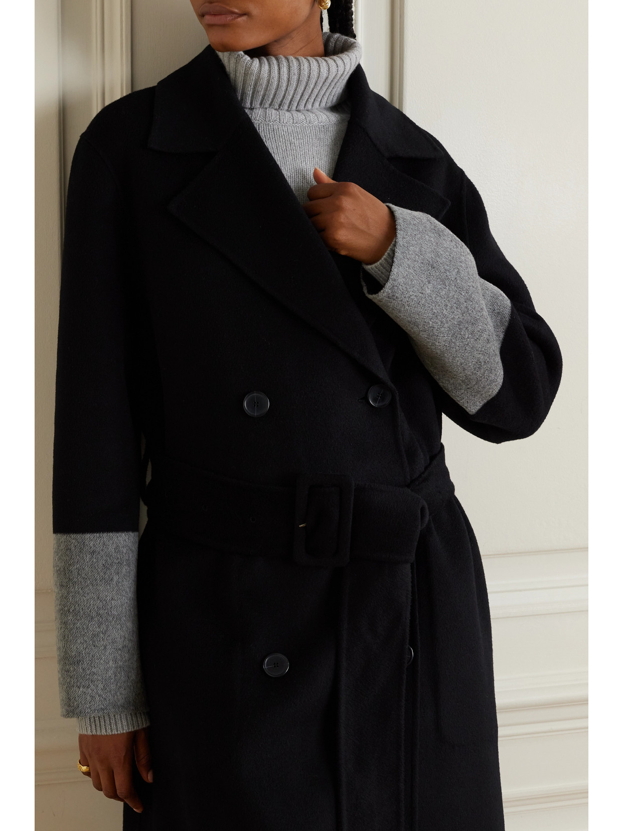 Joseph Merton Belted Double-breasted Two-tone Wool Coat In Black