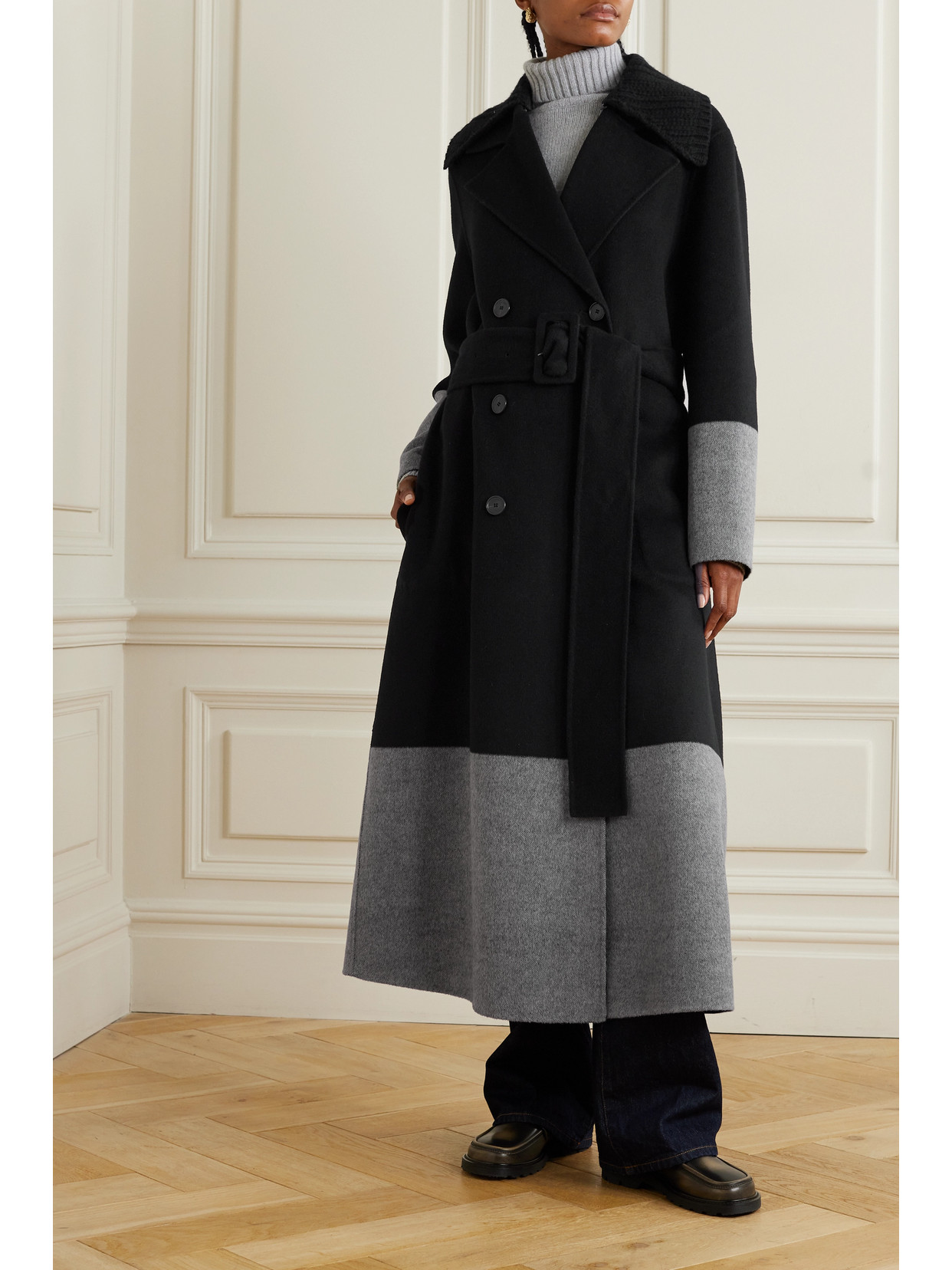 Joseph Merton Belted Double-breasted Two-tone Wool Coat In Black