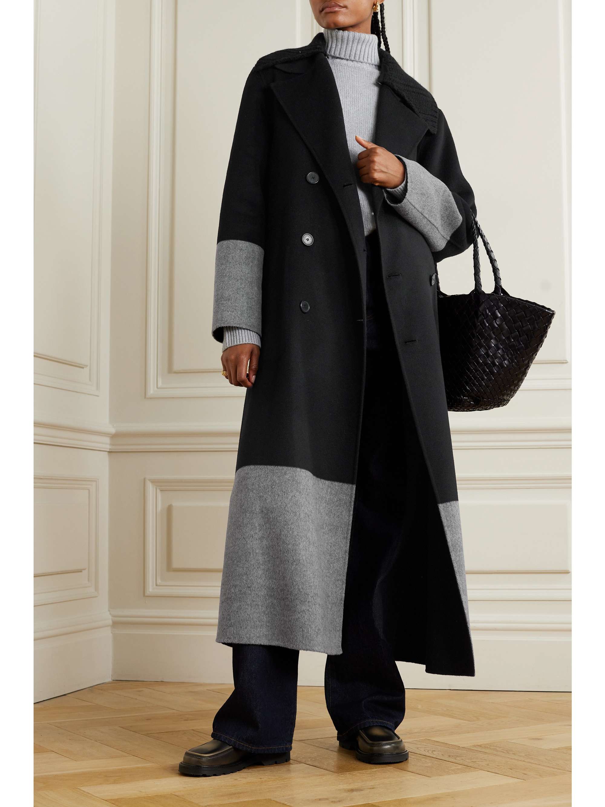 Black Merton belted double breasted two tone wool coat JOSEPH NET A PORTER