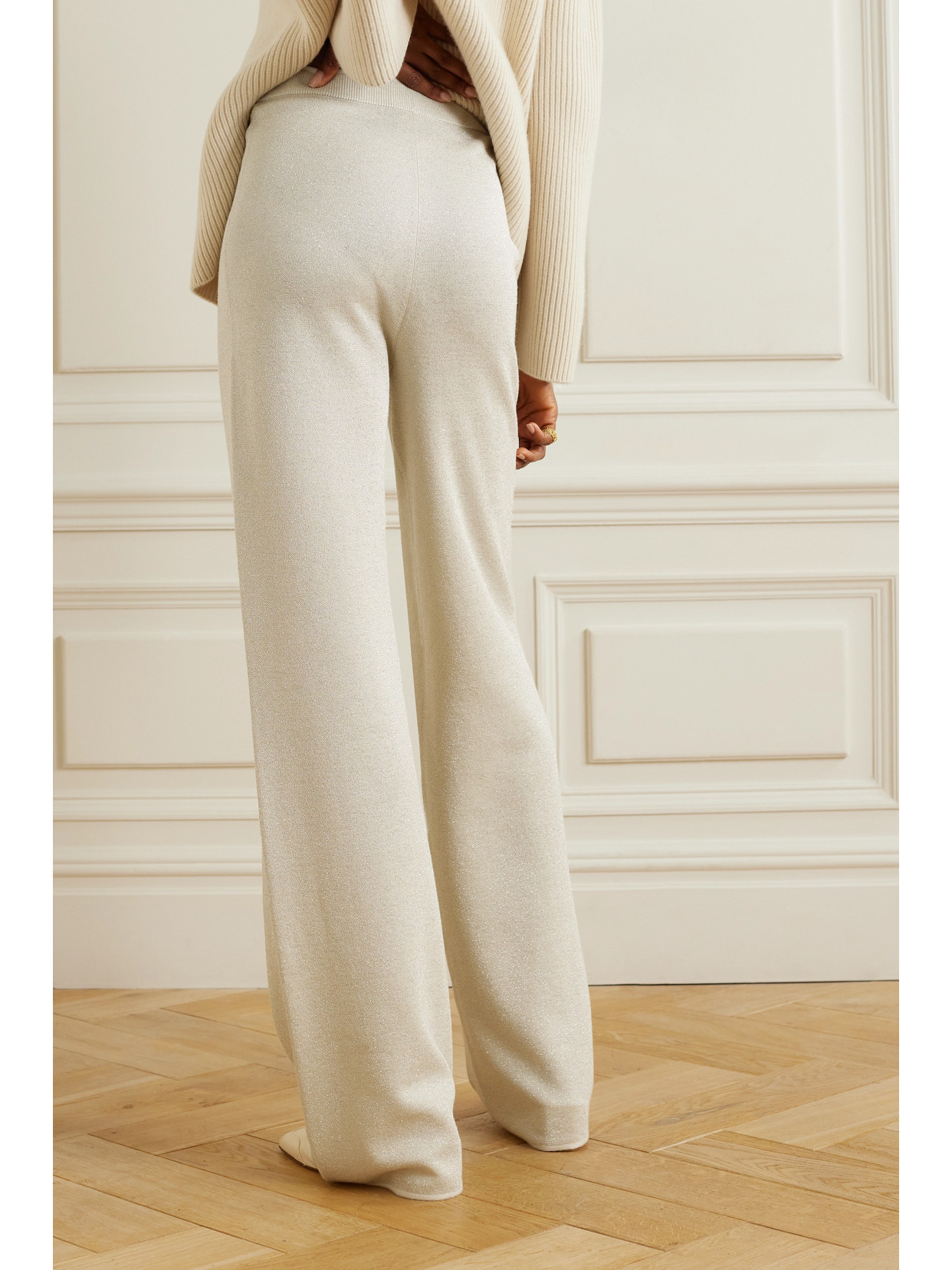 Shop Joseph Metallic Merino Wool-blend Straight-leg Pants In Ivory