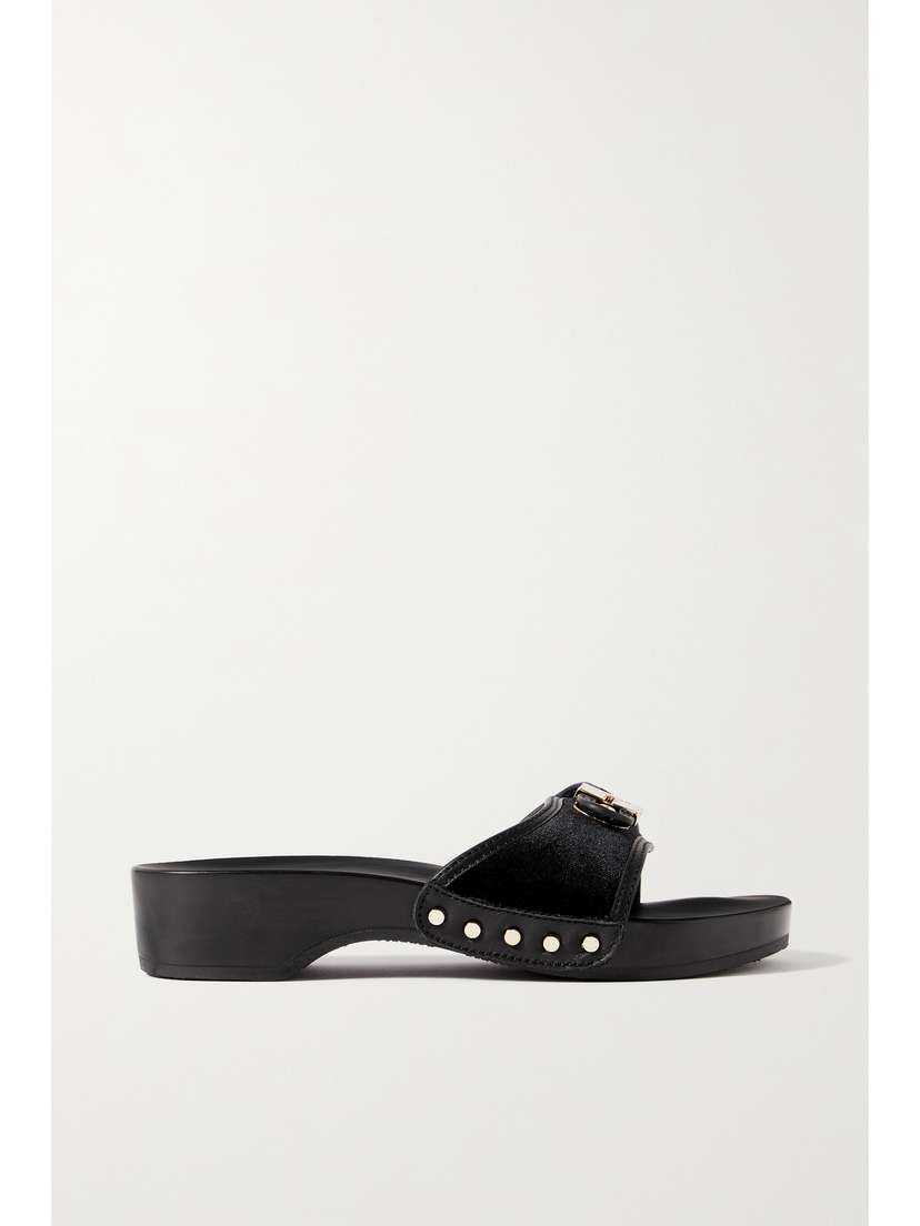 Scholl + Issimo Pescura Buckled Leather-trimmed Velvet Clogs