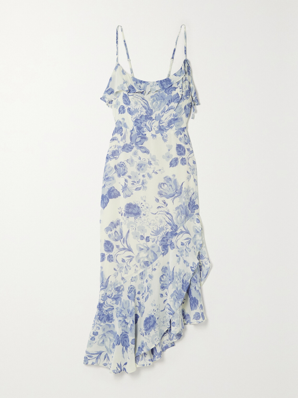 Reformation Liana Asymmetric Ruffled Floral-print Georgette Midi Dress In Weiss,blau