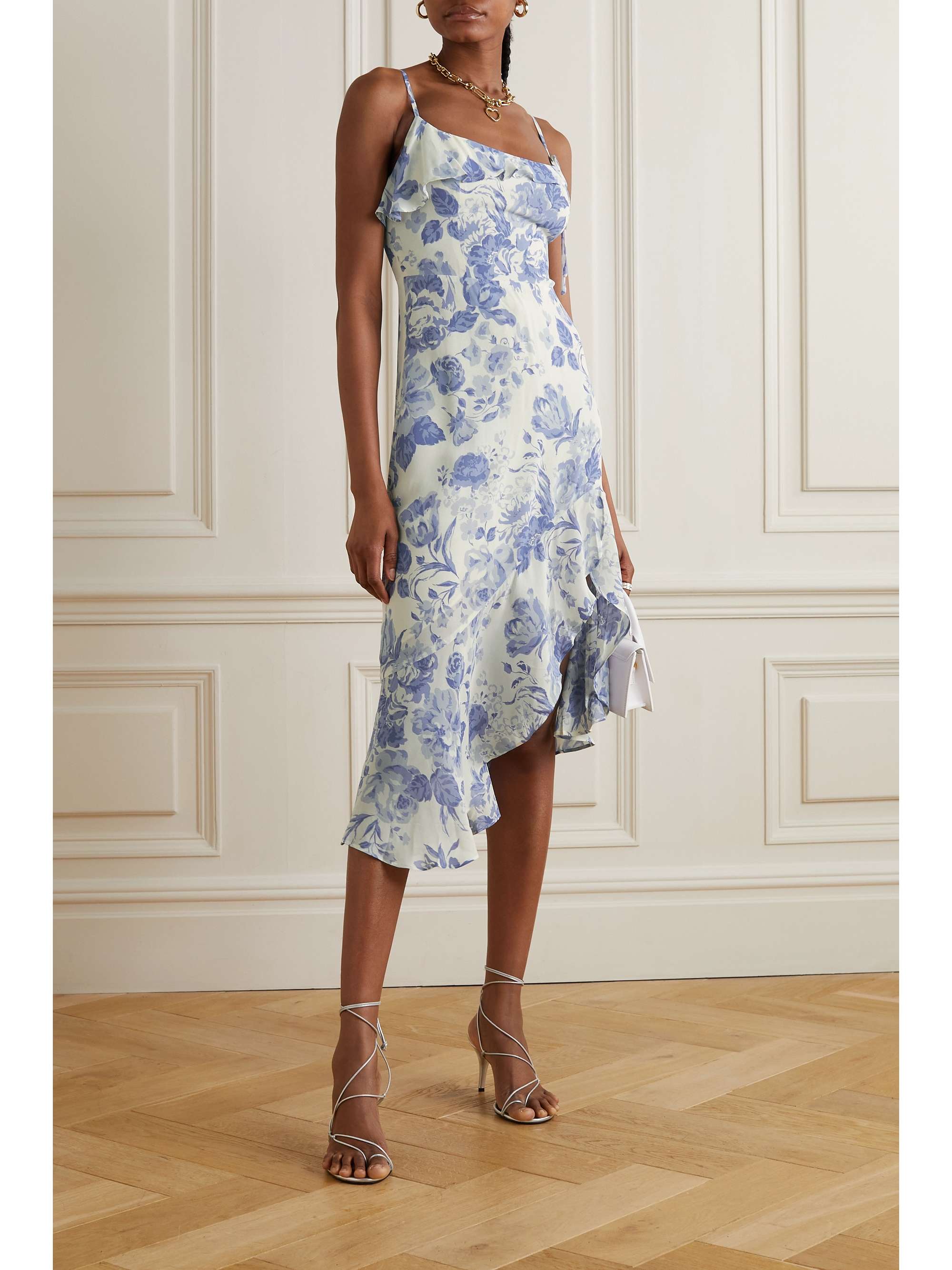 REFORMATION Liana asymmetric ruffled floral-print georgette midi dress ...