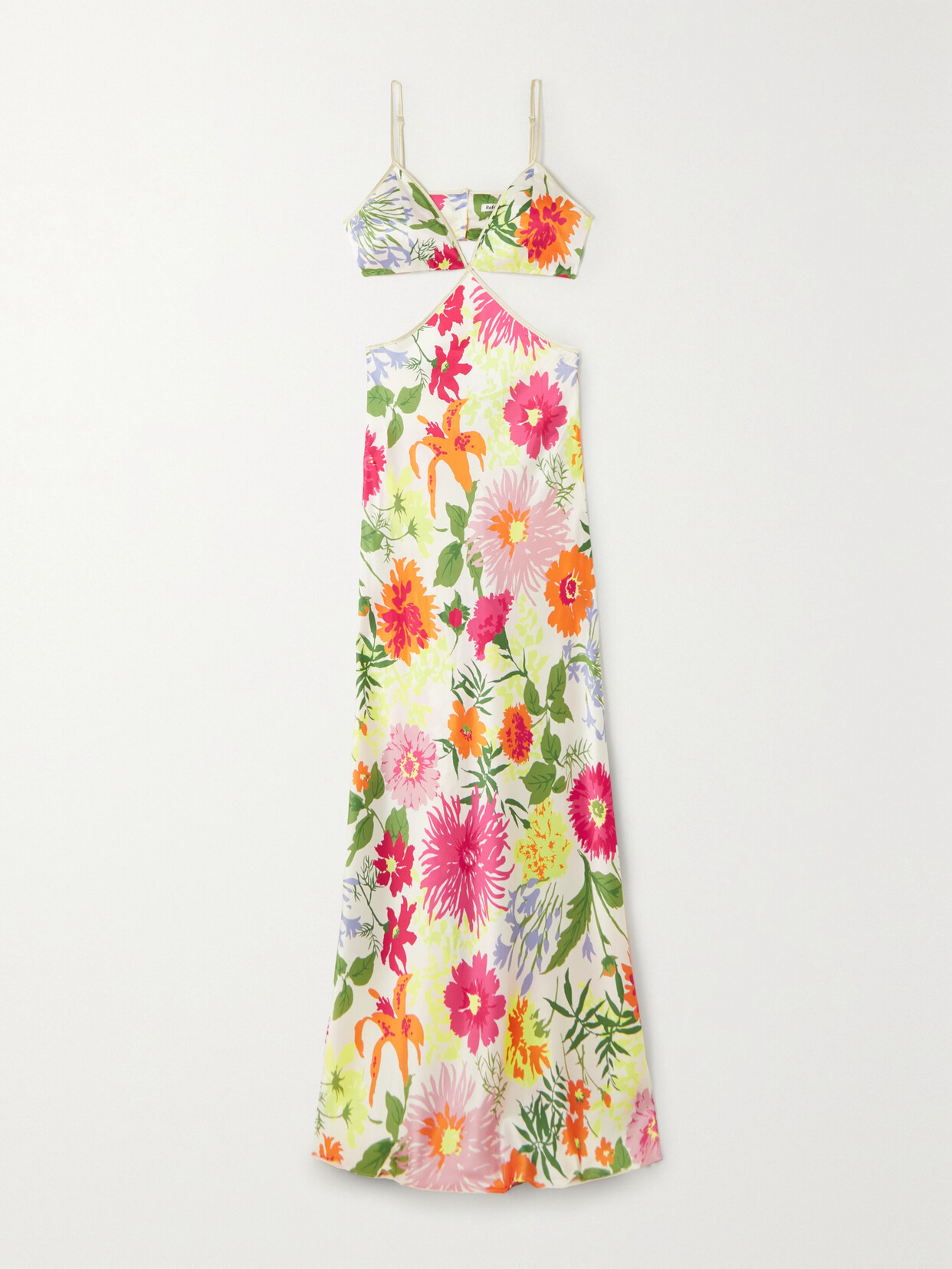 REFORMATION POPPIES CUTOUT FLORAL-PRINT SILK-CHARMEUSE MAXI DRESS