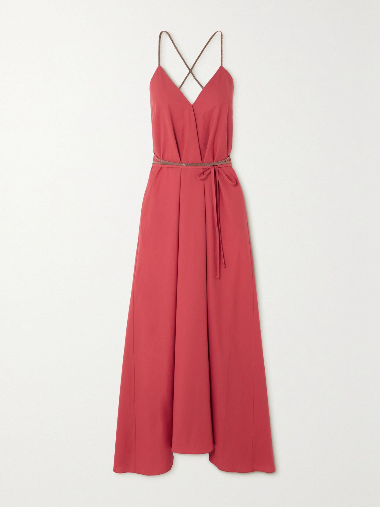 Shop Brunello Cucinelli Bead-embellished Pleated Cotton-poplin Maxi Dress In Red