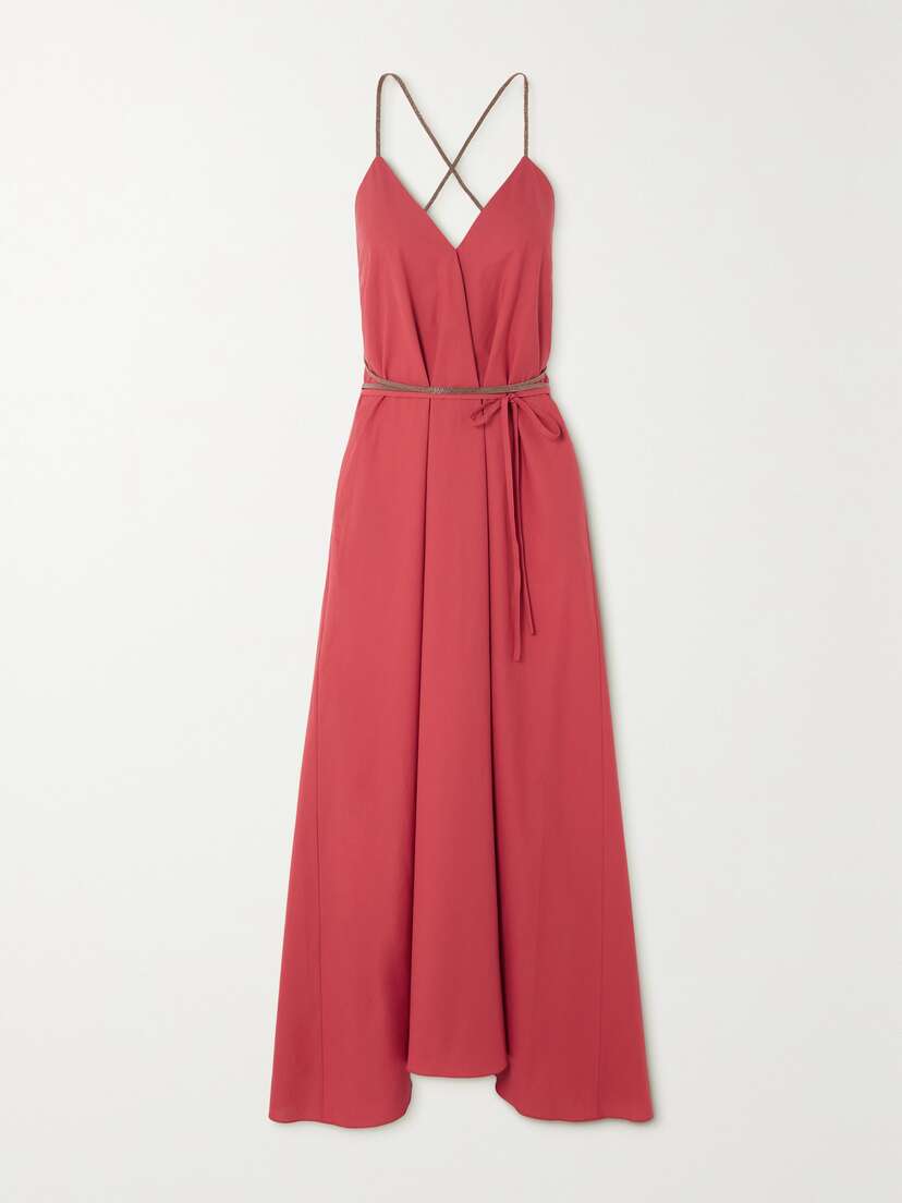 Brunello Cucinelli Bead-embellished Pleated Cotton-poplin Maxi Dress - x large