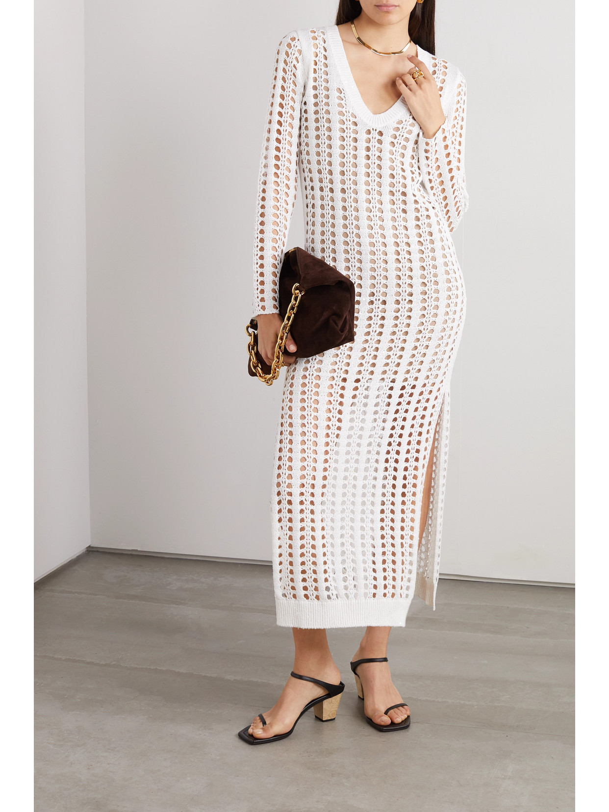 Shop Brunello Cucinelli Crocheted Cotton, Linen And Silk-blend Maxi Dress In White