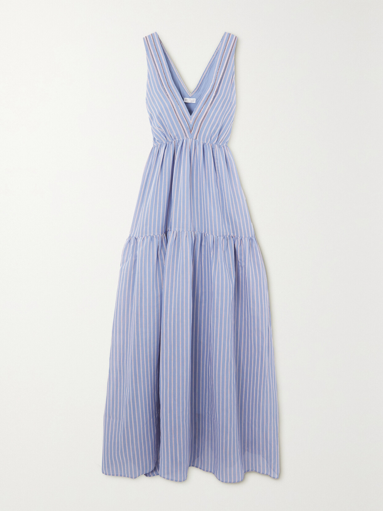 Brunello Cucinelli Bead-embellished Striped Cotton And Silk-blend Maxi Dress - Blue