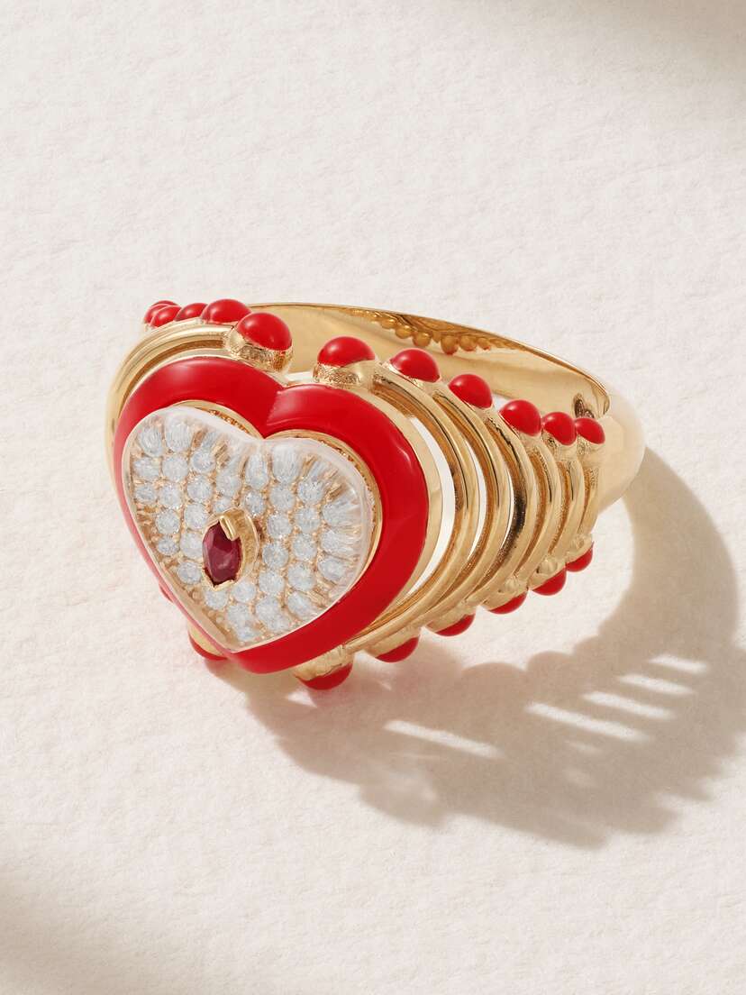 L’Atelier Nawbar The Heart Moment 18-karat Gold Diamond, Ruby And Enamel Ring