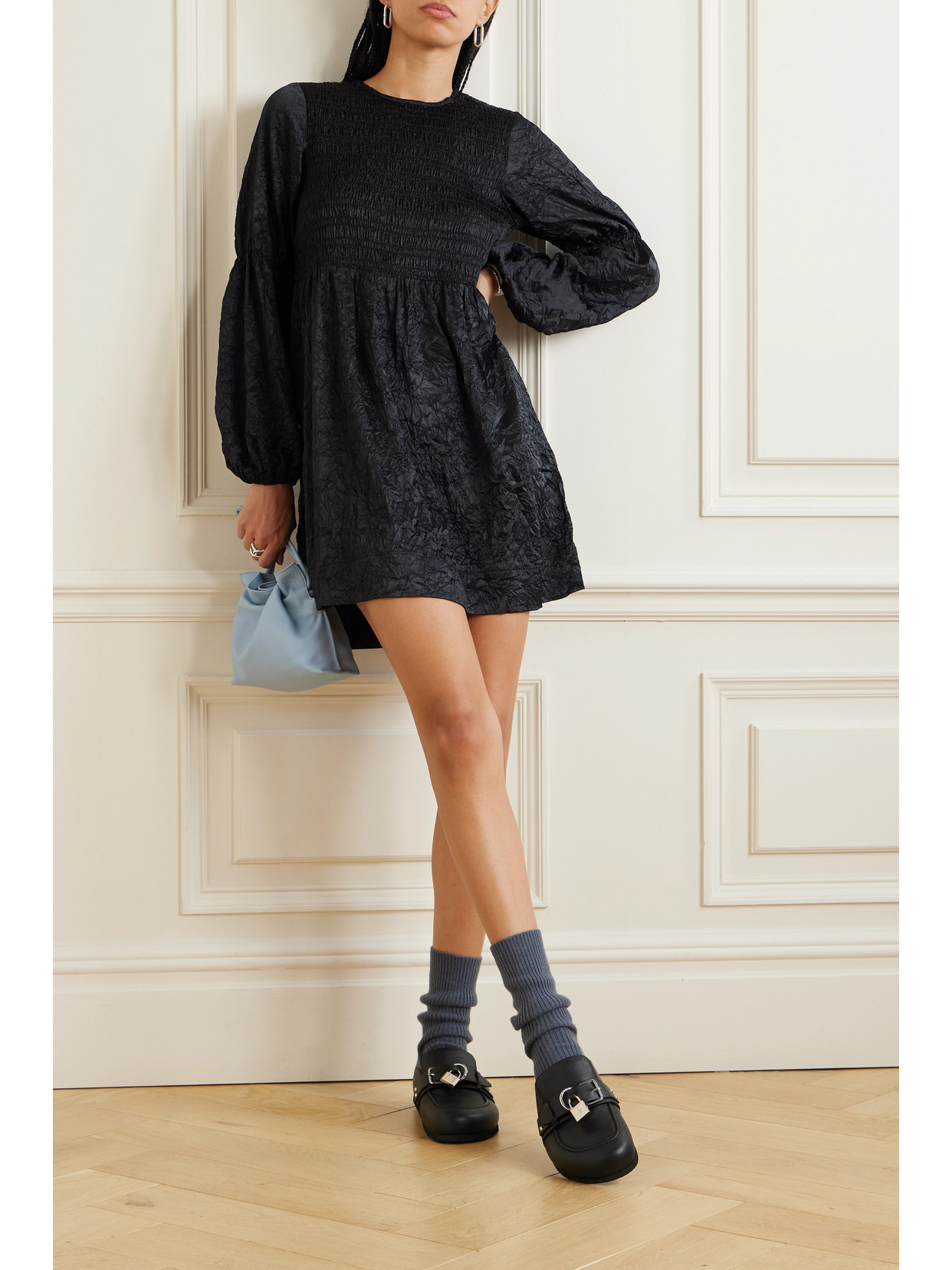 Shop Ganni Shirred Recycled-cloqué Mini Dress In Black