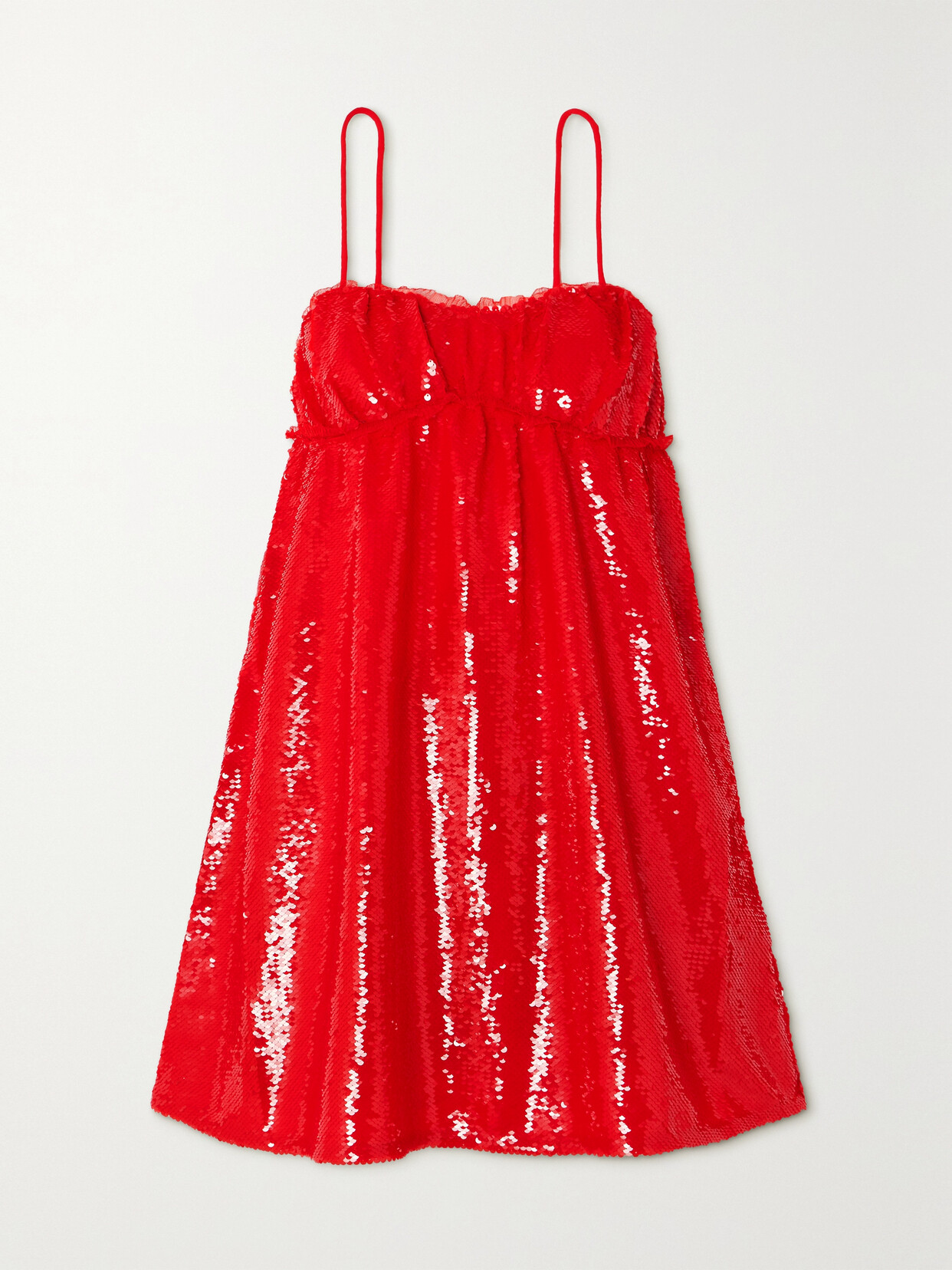 GANNI Ruched Sequined Tulle Mini Dress - Red