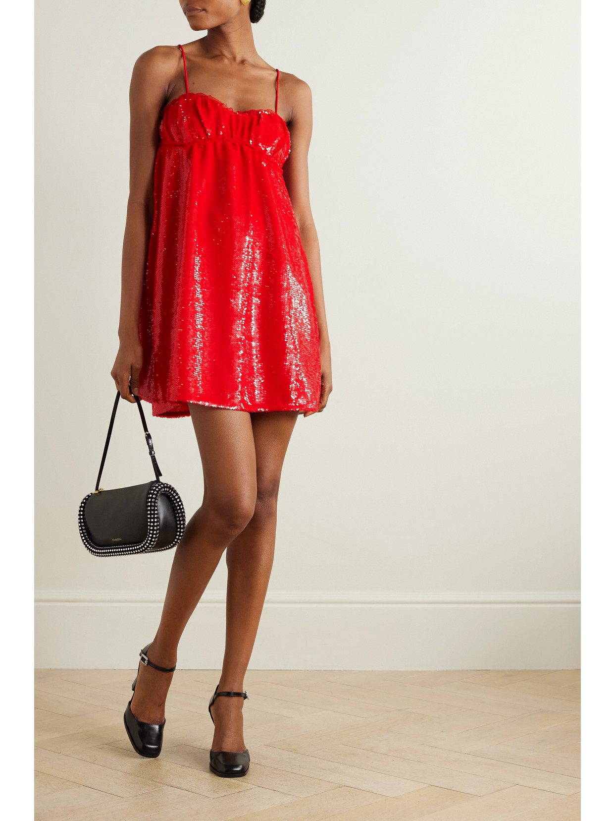 Shop Ganni Ruched Sequined Tulle Mini Dress In Red