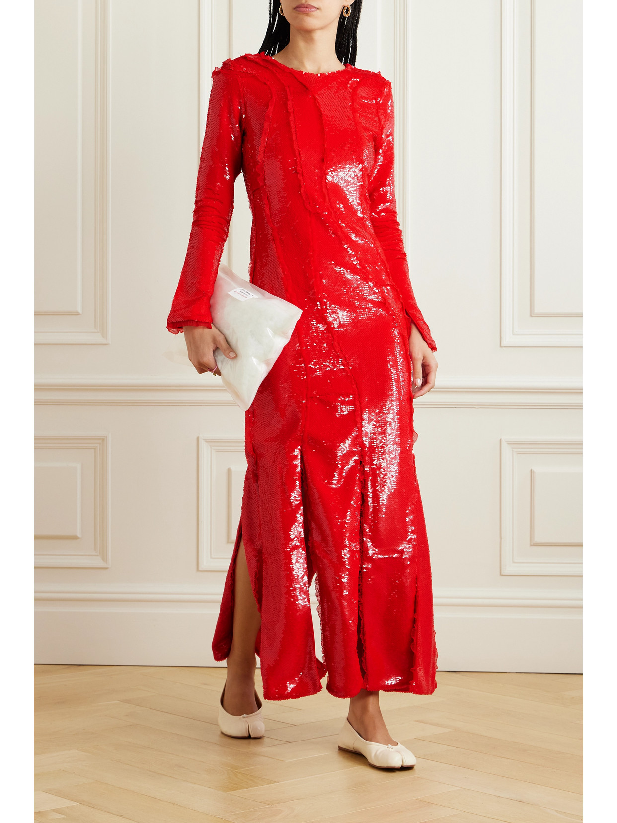 Shop Ganni Sequined Recycled Mesh Maxi Dress In Red