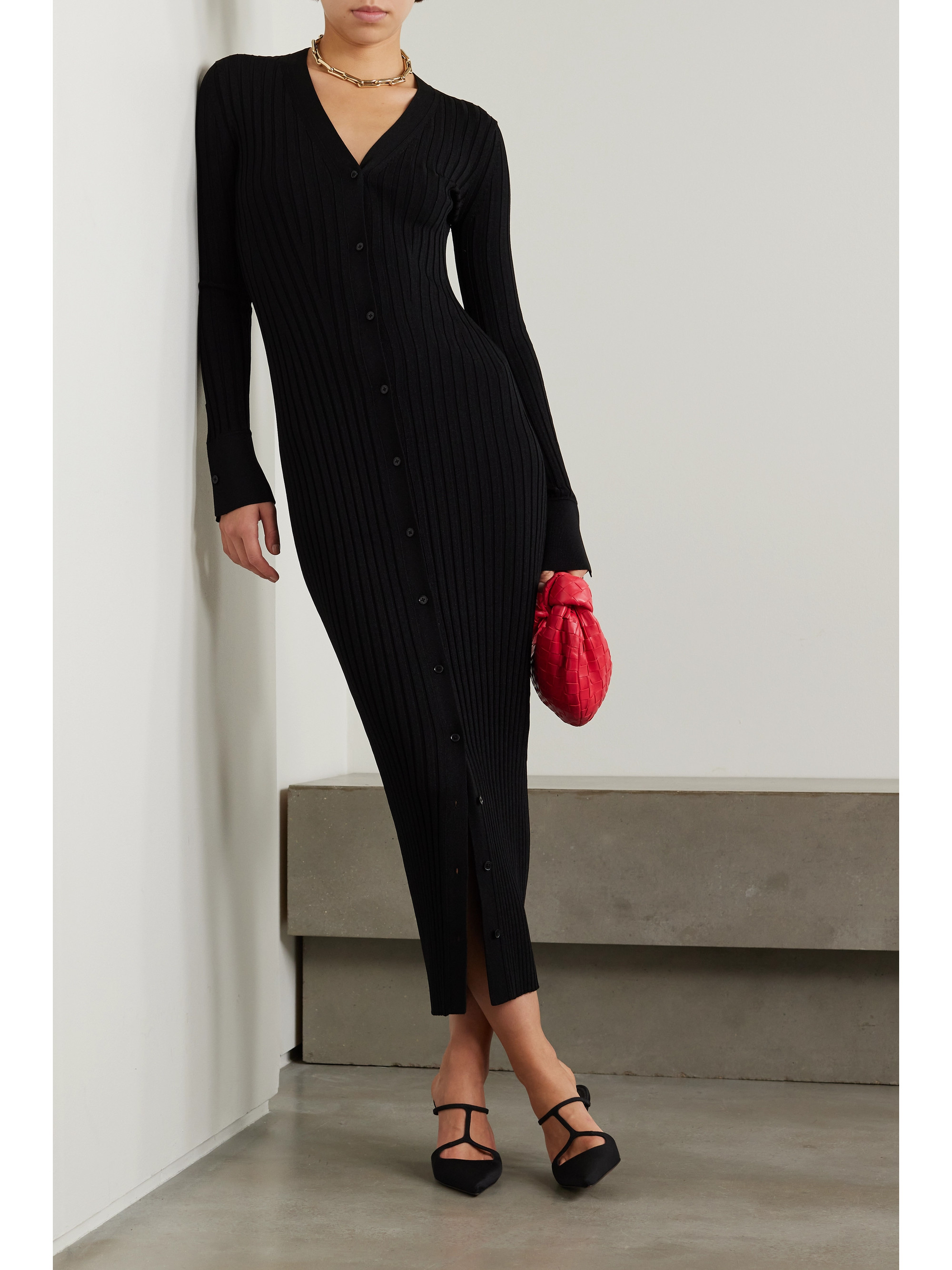 Galvan Rhea metallic ribbed-knit midi dress