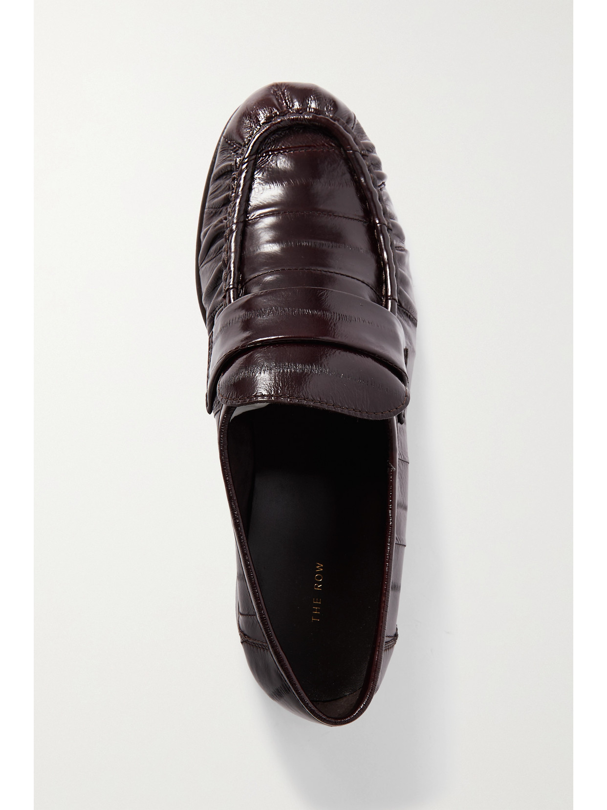 The Row Paneled Glossed-leather Loafers In Brown