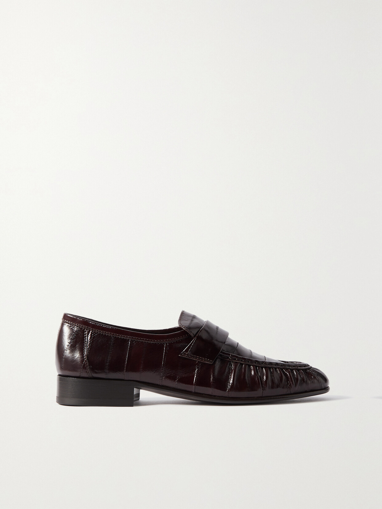 The Row Paneled Glossed-leather Loafers In Brown