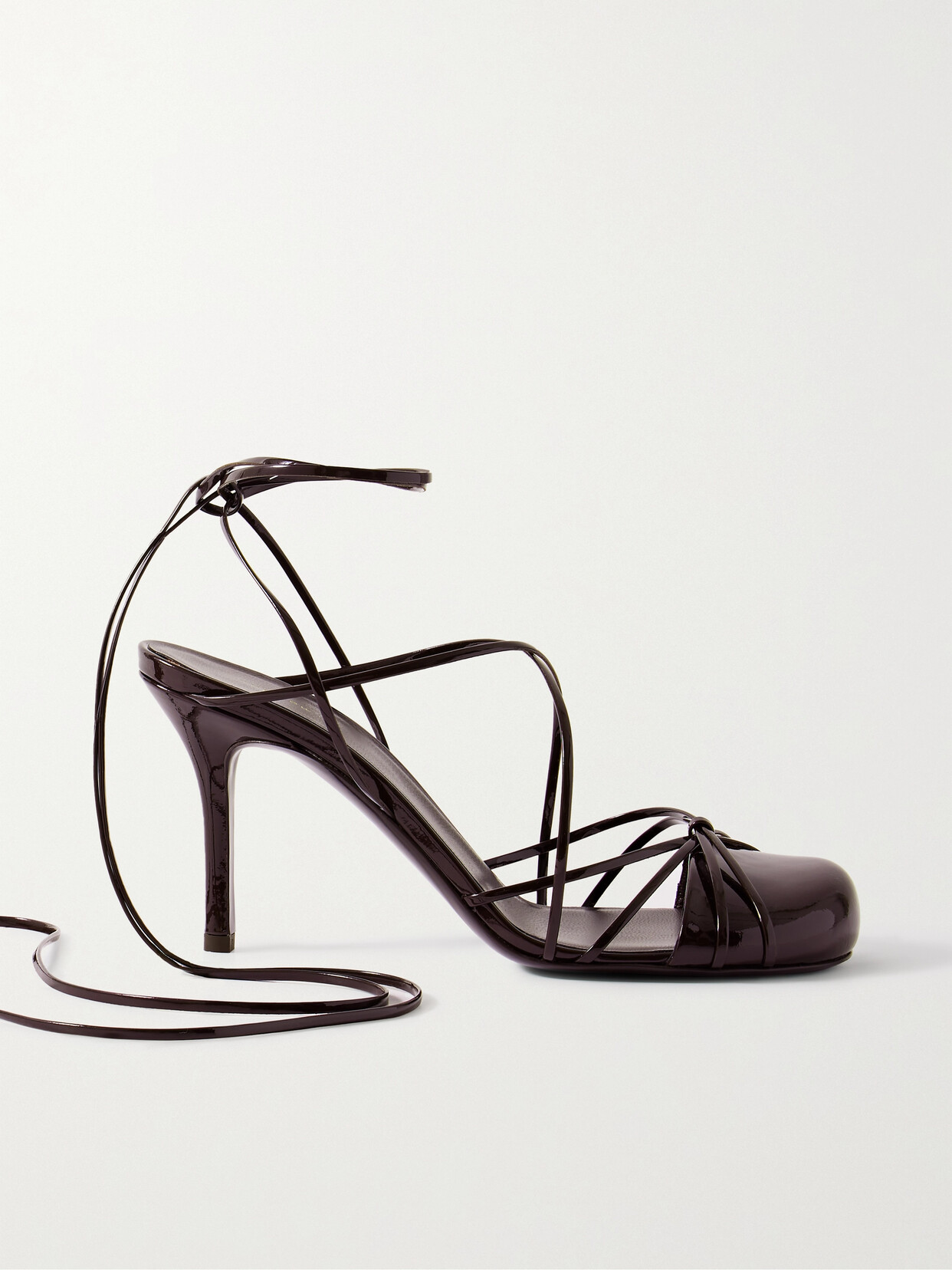 The Row Joan Lace-up Patent-leather Sandals In Brown