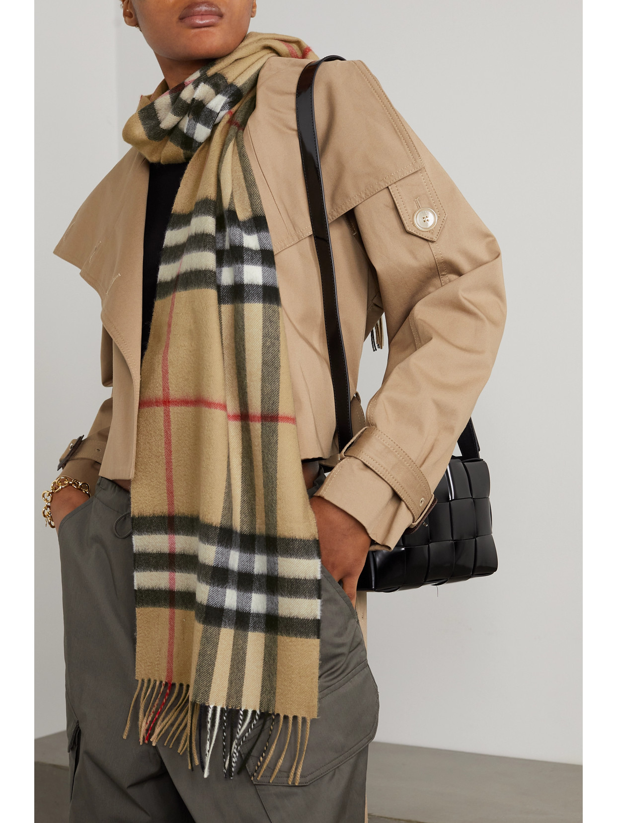 Burberry + Net Sustain Fringed Checked Cashmere Scarf In Brown