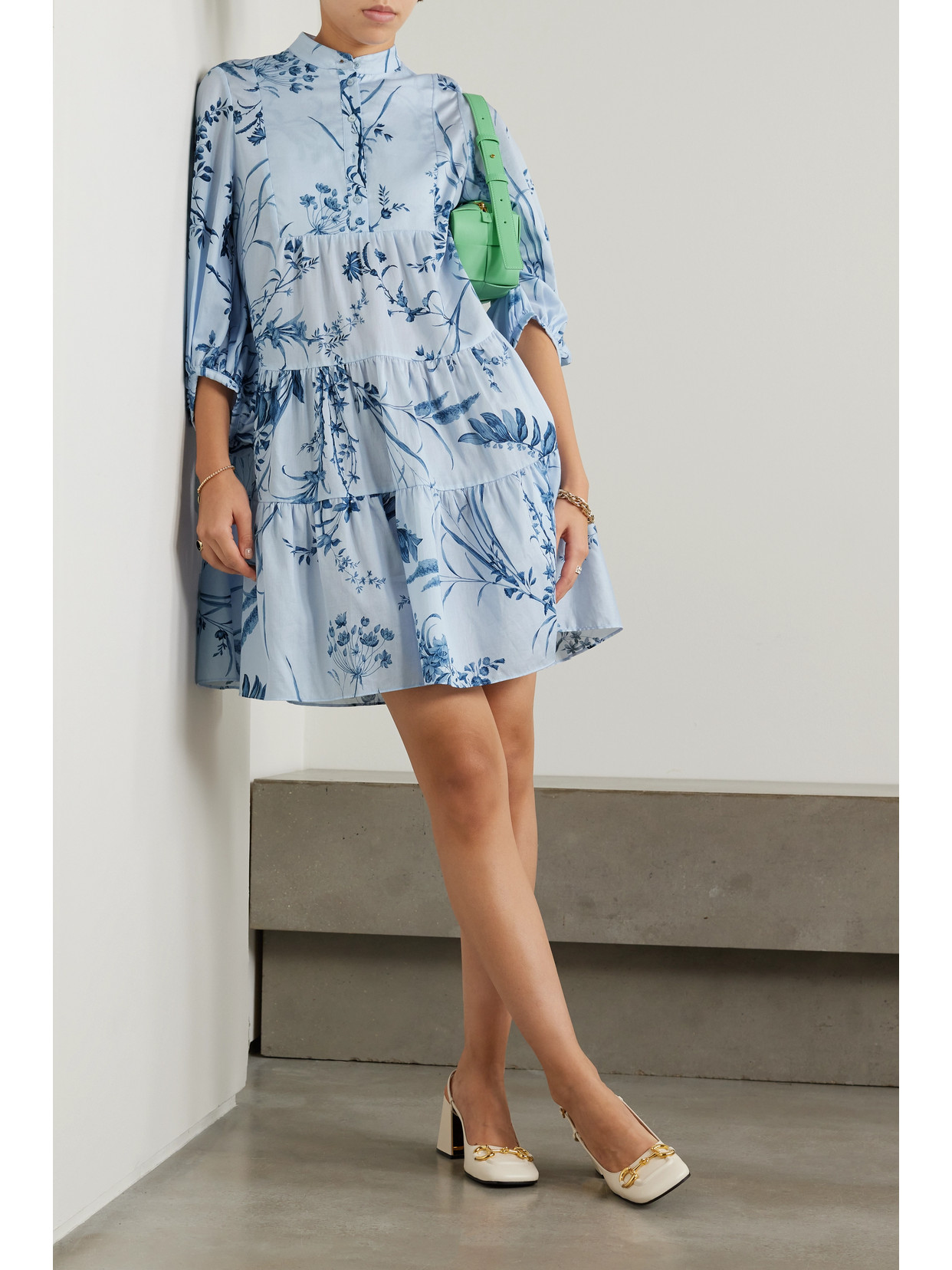 Shop Erdem Tiered Floral-print Cotton-voile Mini Shirt Dress In Blue