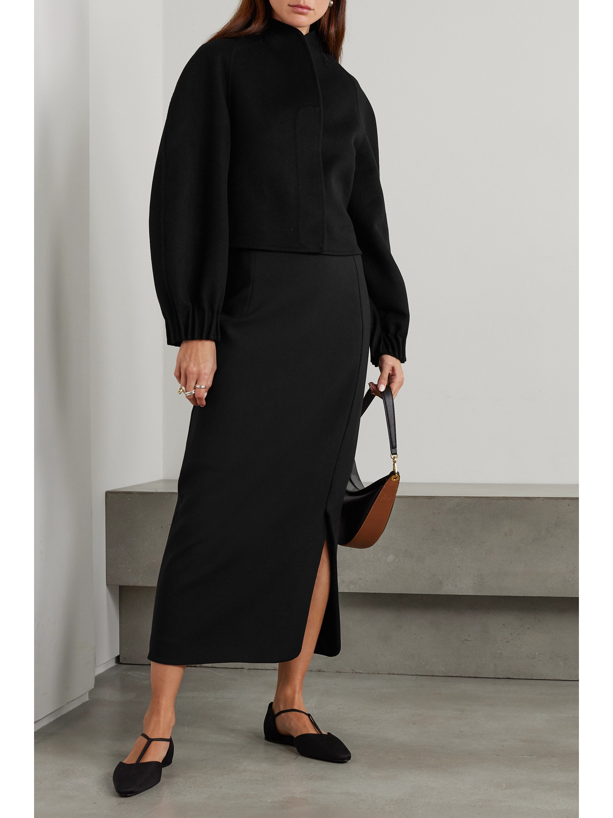 Fforme Sabreen Wool-blend Gabardine Midi Skirt In Black