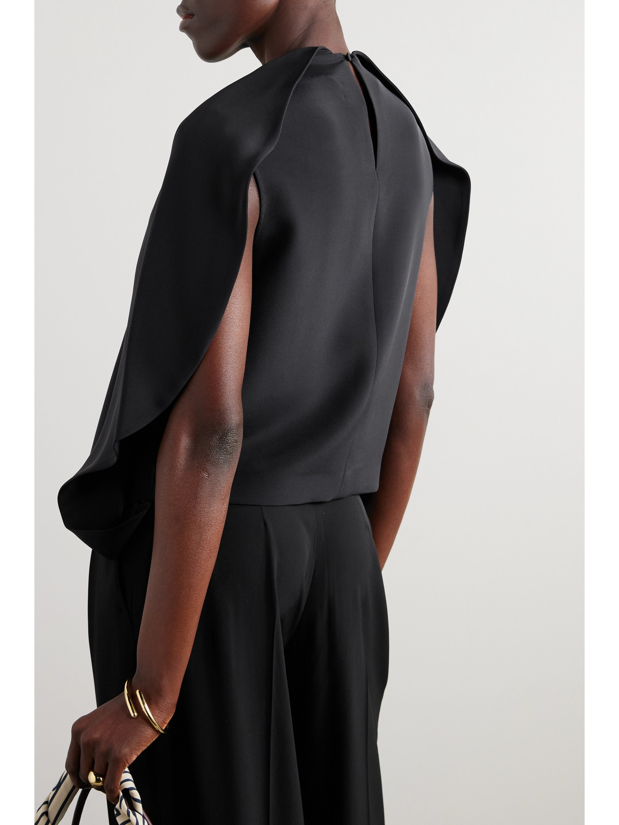 Fforme Kaia Draped Cape-effect Silk-crepe Top In Black