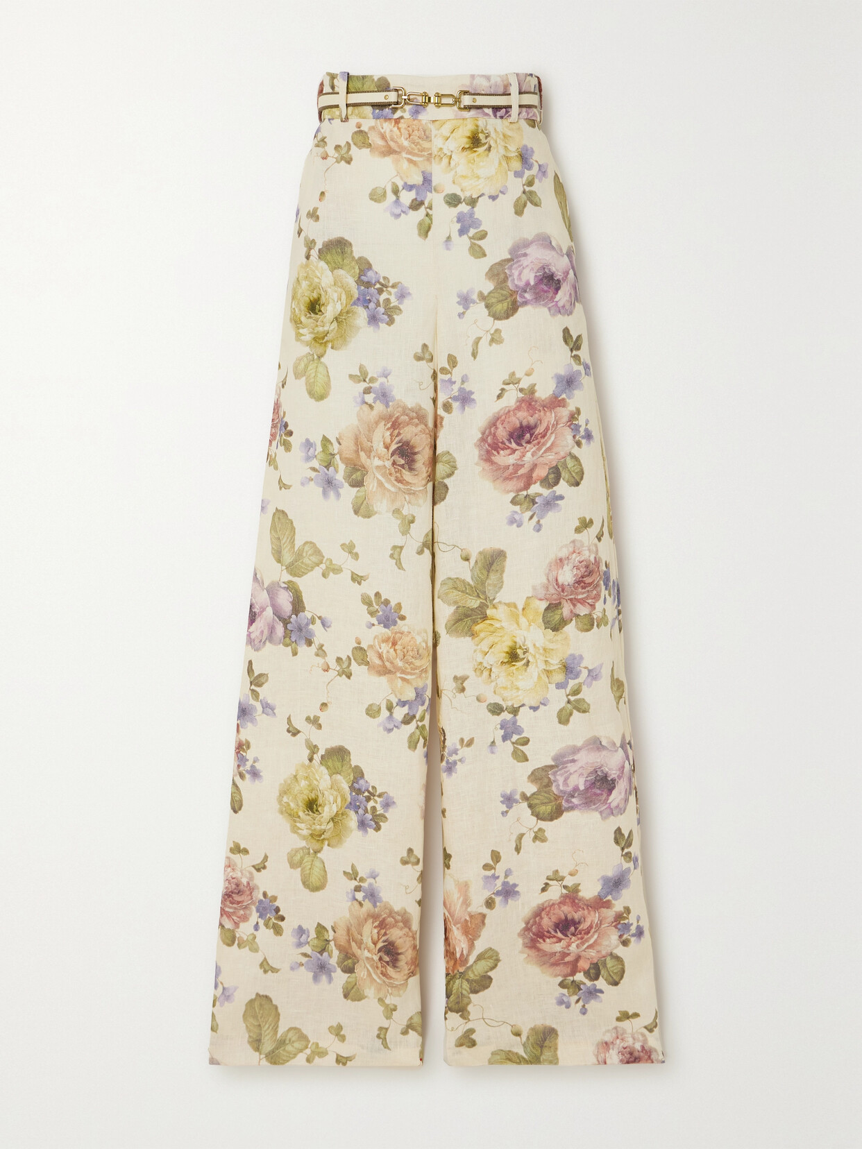 Zimmermann Belted Floral-print Linen Wide-leg Pants