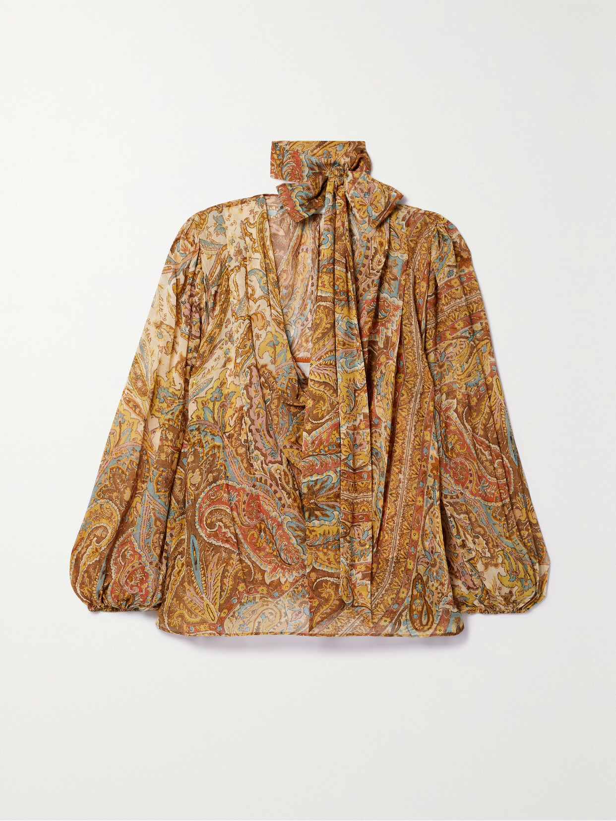 Zimmermann Billow Pussy-bow Printed Crepe De Chine Blouse In Gold