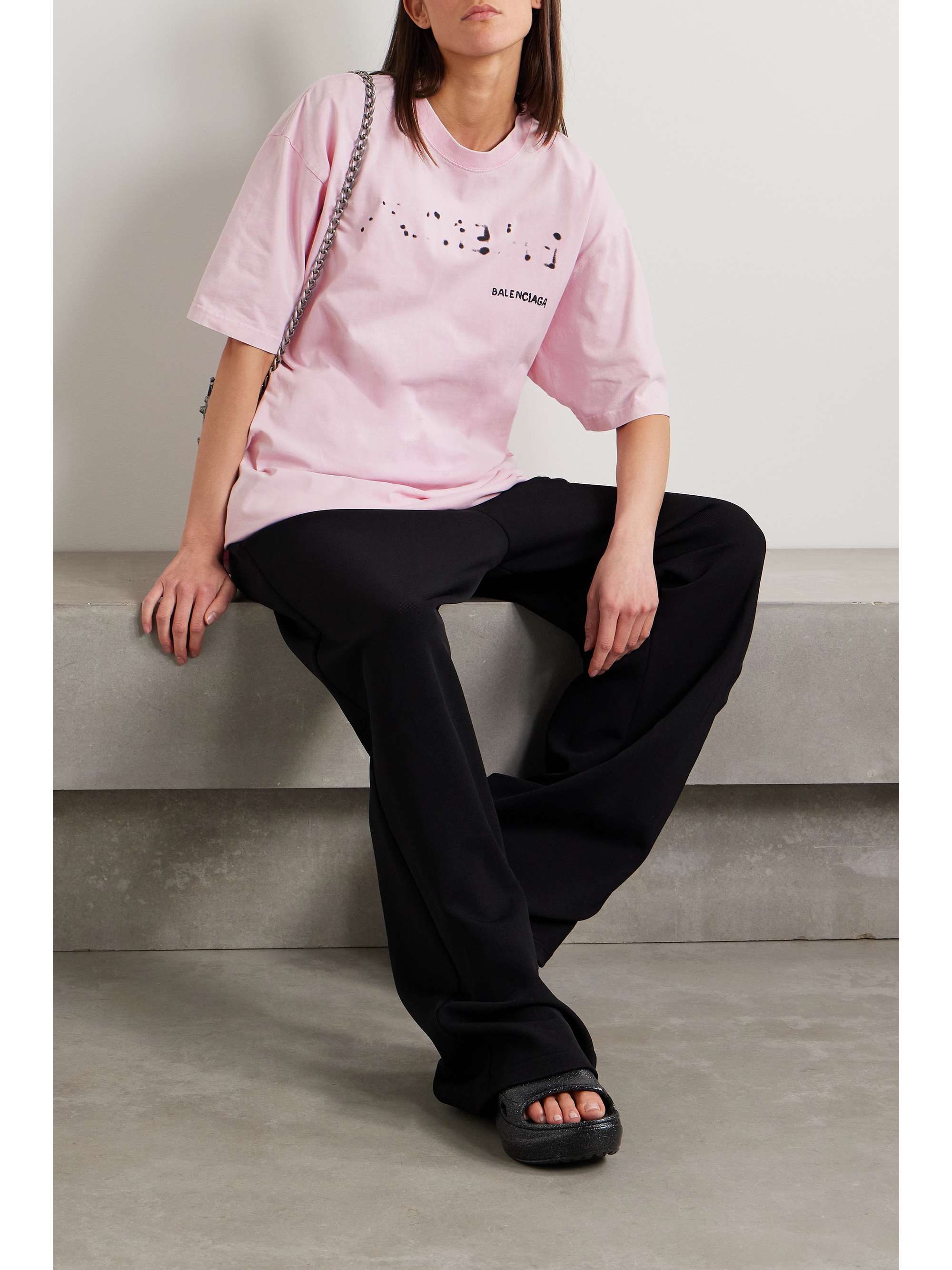 BALENCIAGA - Oversized Distressed Logo-Print Cotton-Jersey T-Shirt - Pink  Balenciaga