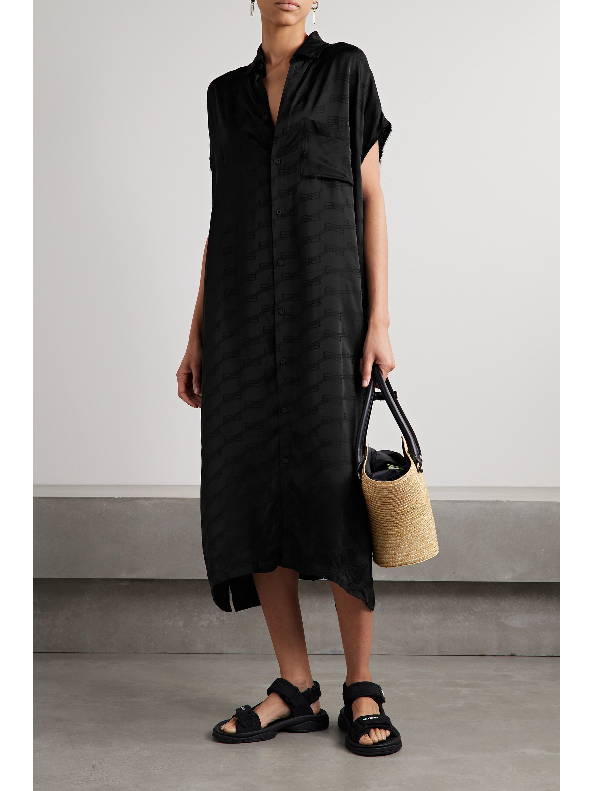 Balenciaga Oversized frayed twill-jacquard midi shirt dress