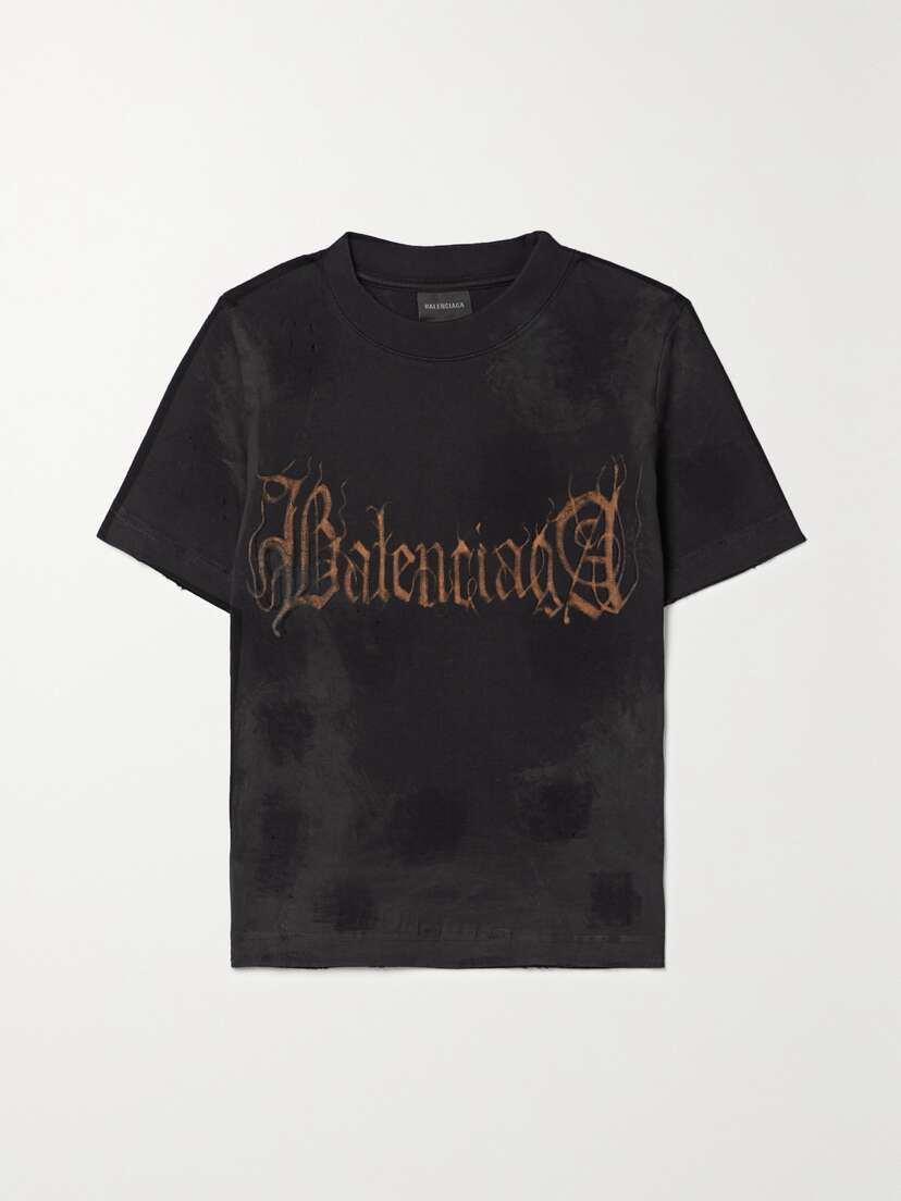 Balenciaga Cropped Distressed Printed Cotton-jersey T-shirt
