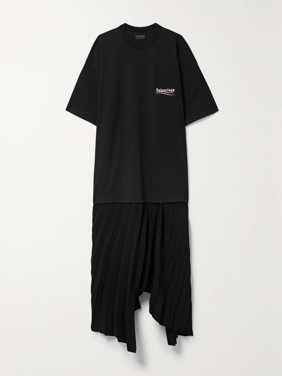 embroidered cotton-jersey and pleated crepe midi dress