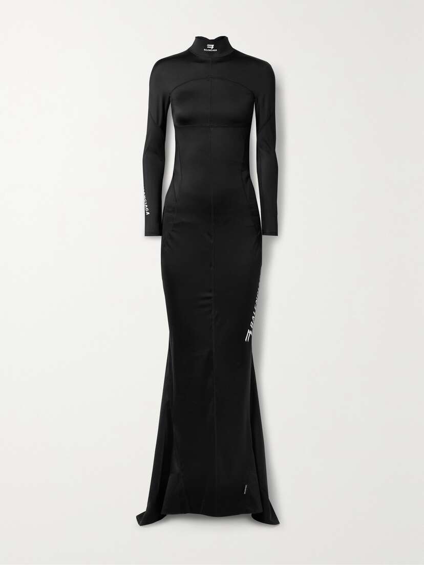 Balenciaga Printed Open-back Stretch-jersey Turtleneck Gown