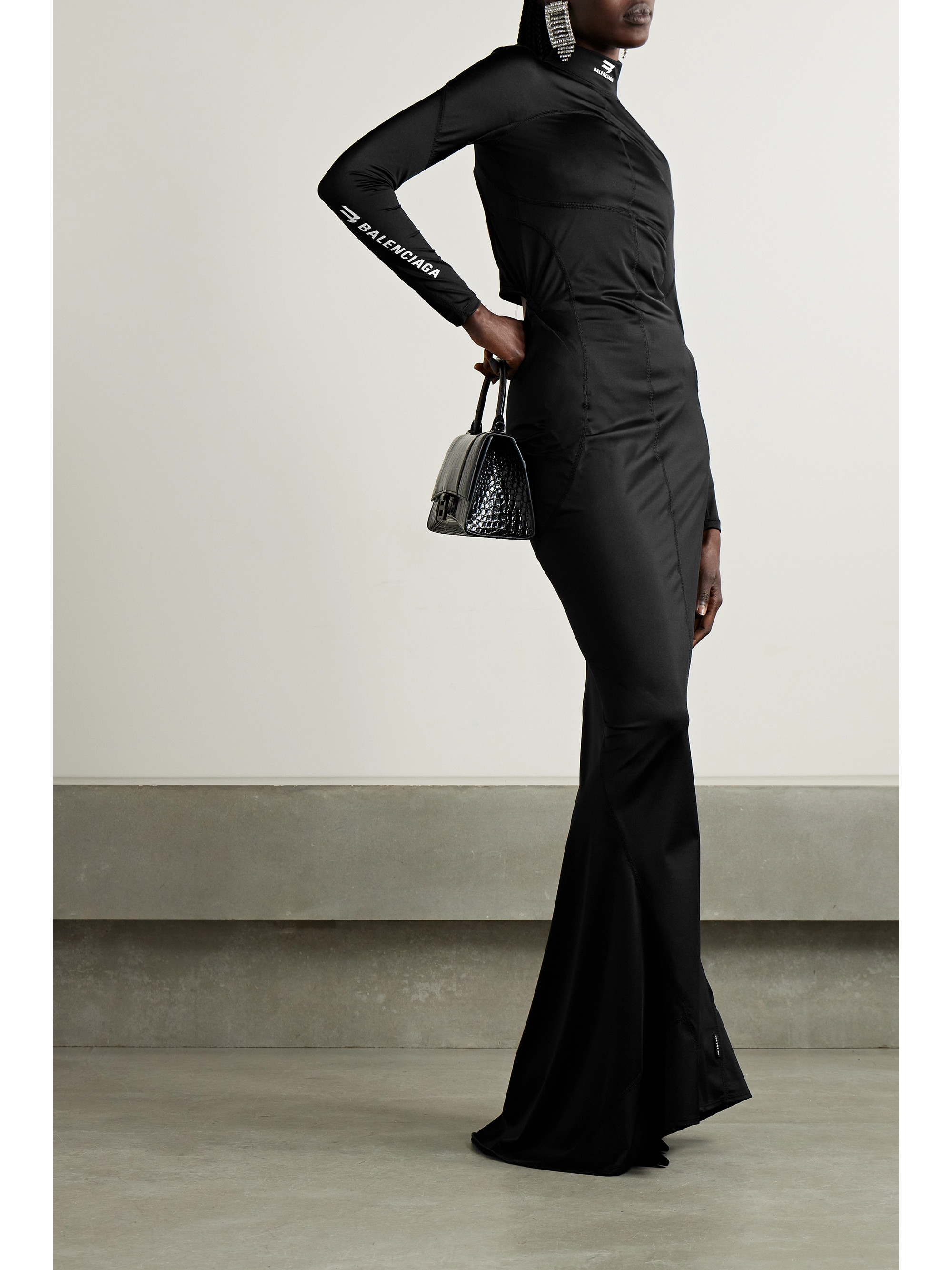 Balenciaga Printed open-back stretch-jersey turtleneck gown