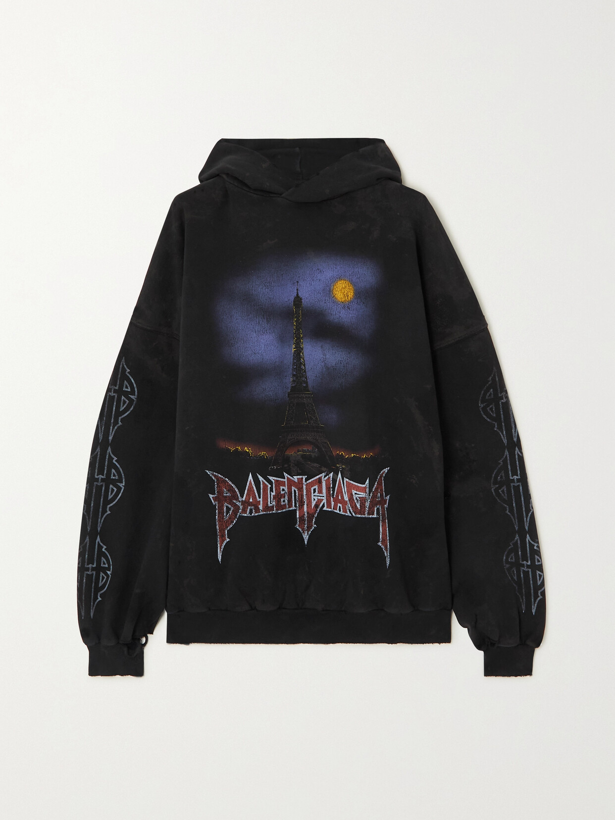 Balenciaga Oversized Distressed Printed Cotton-jersey Hoodie In Black