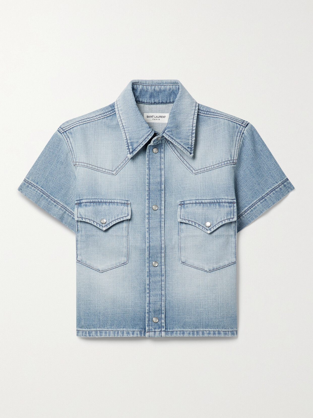 Saint Laurent Short Sleeve Crop Snap-up Denim Shirt In Light Blue 