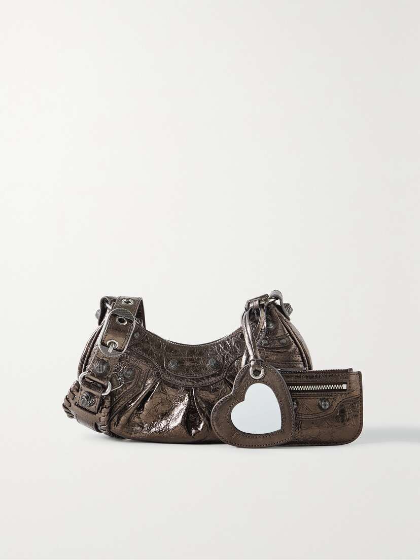 Balenciaga Le Cagole Xs Studded Metallic Crinkled-leather Shoulder Bag